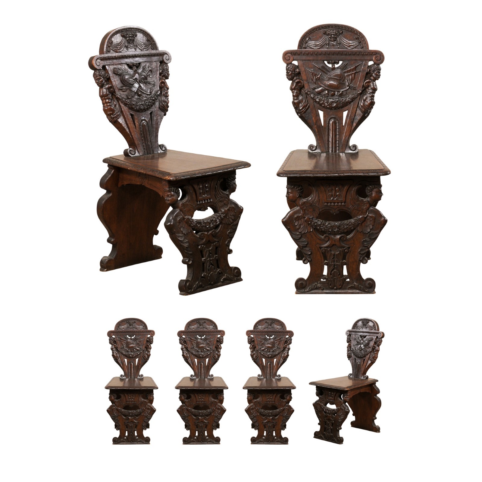 English Renaissance Carved Hall Chairs, 6 