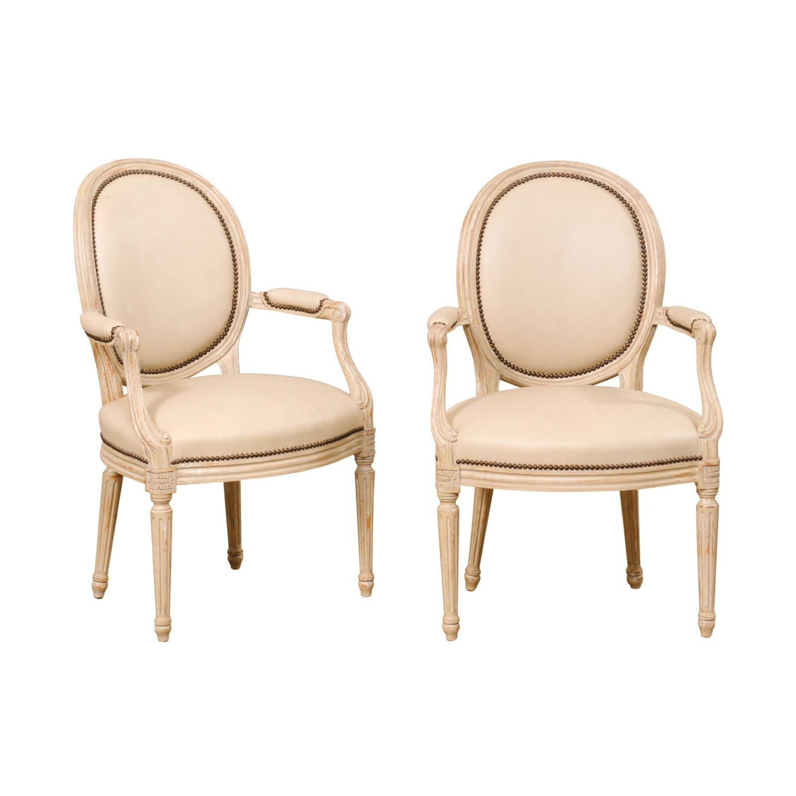 French Pair Oval Back Chairs w/New Leather