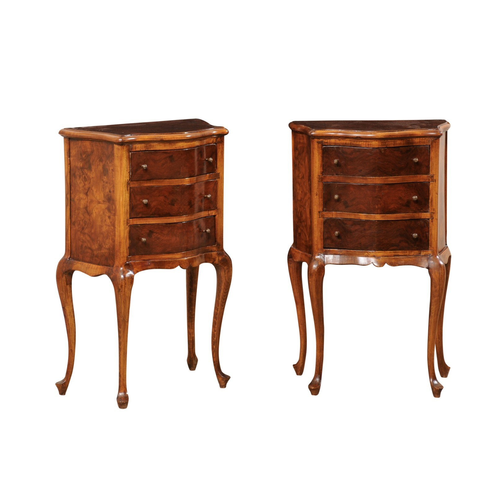 Pair French High-Leg Burl Wood Side Chests