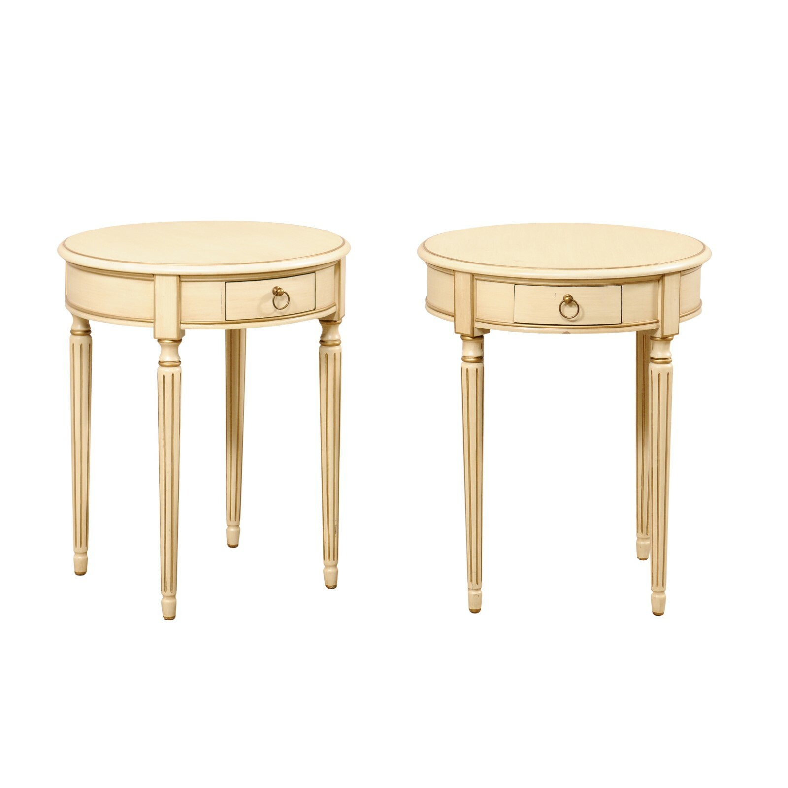 Pair Round End Tables, Cream w/Gold Accents