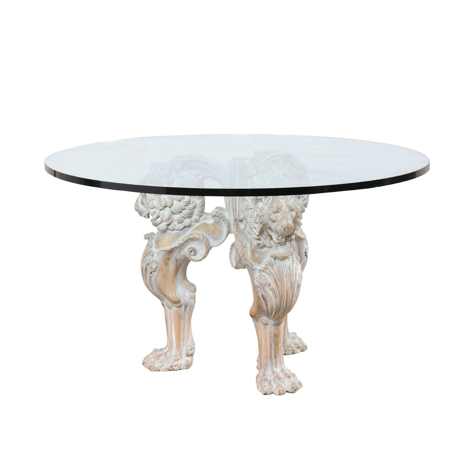 Italian Carved Lion Table w/Round Glass Top