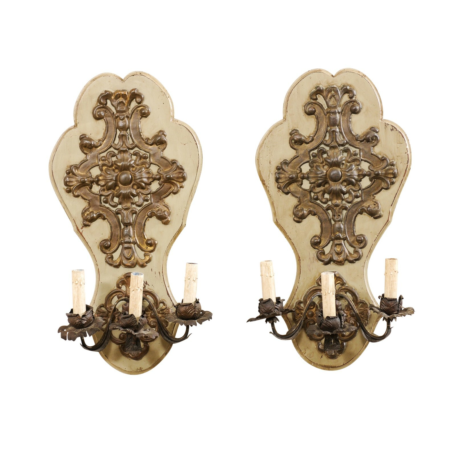 French Pair Antique 3-Light Wall Sconces 