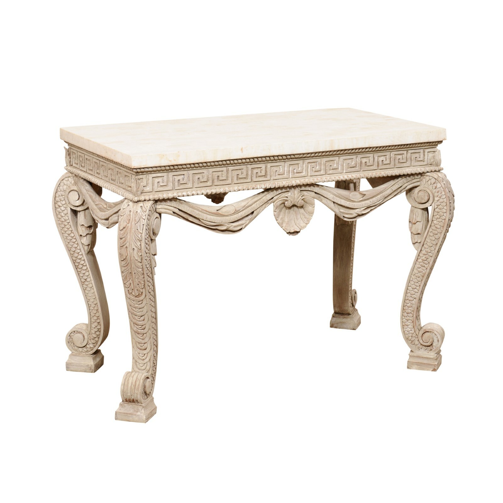 English Carved-Wood Table w/Travertine Top