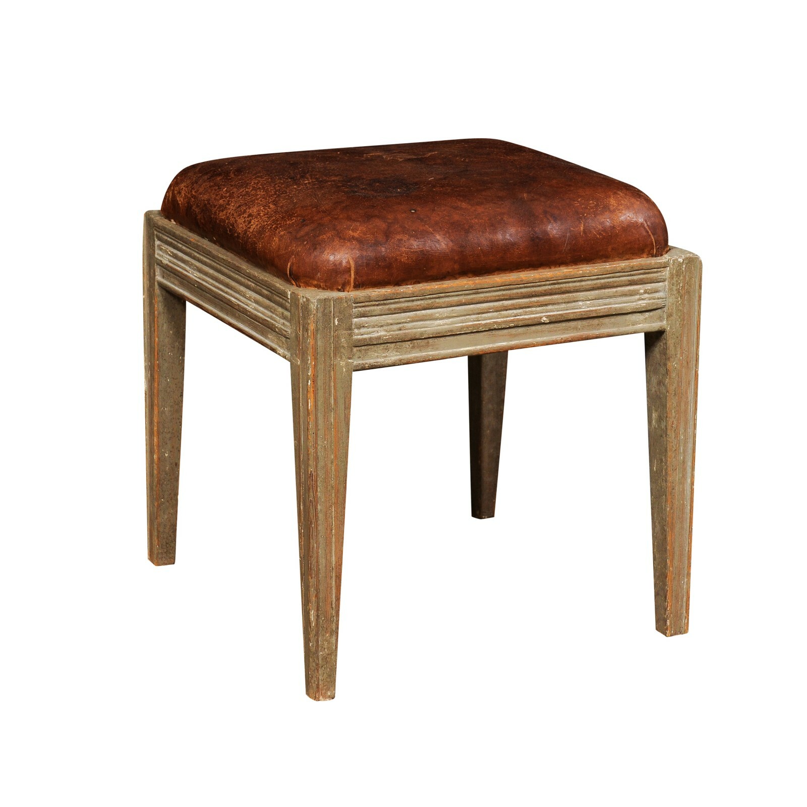 Swedish Gustavian Wood Stool w/Leather Seat