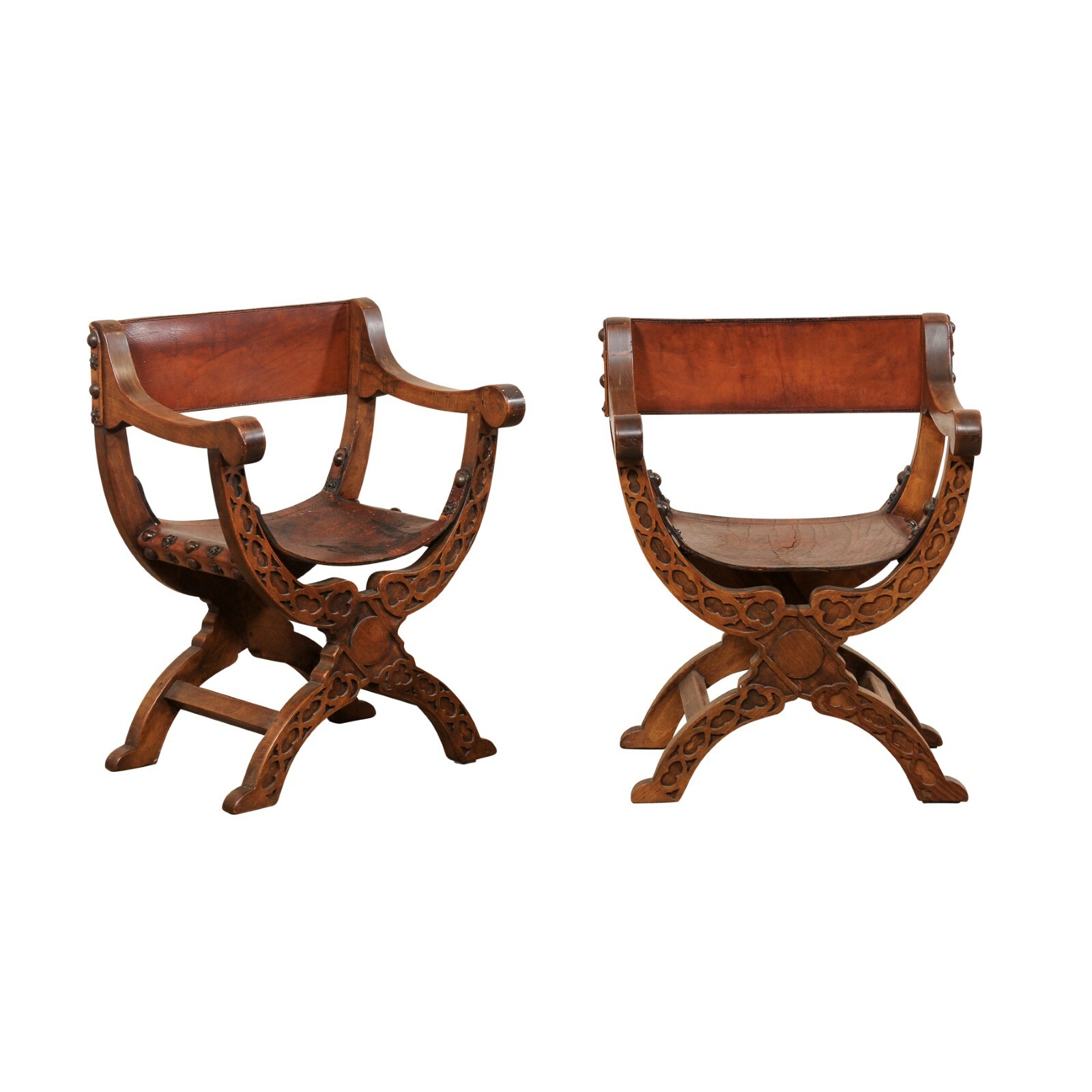 Italian Pair Wood & Leather Dante Armchairs