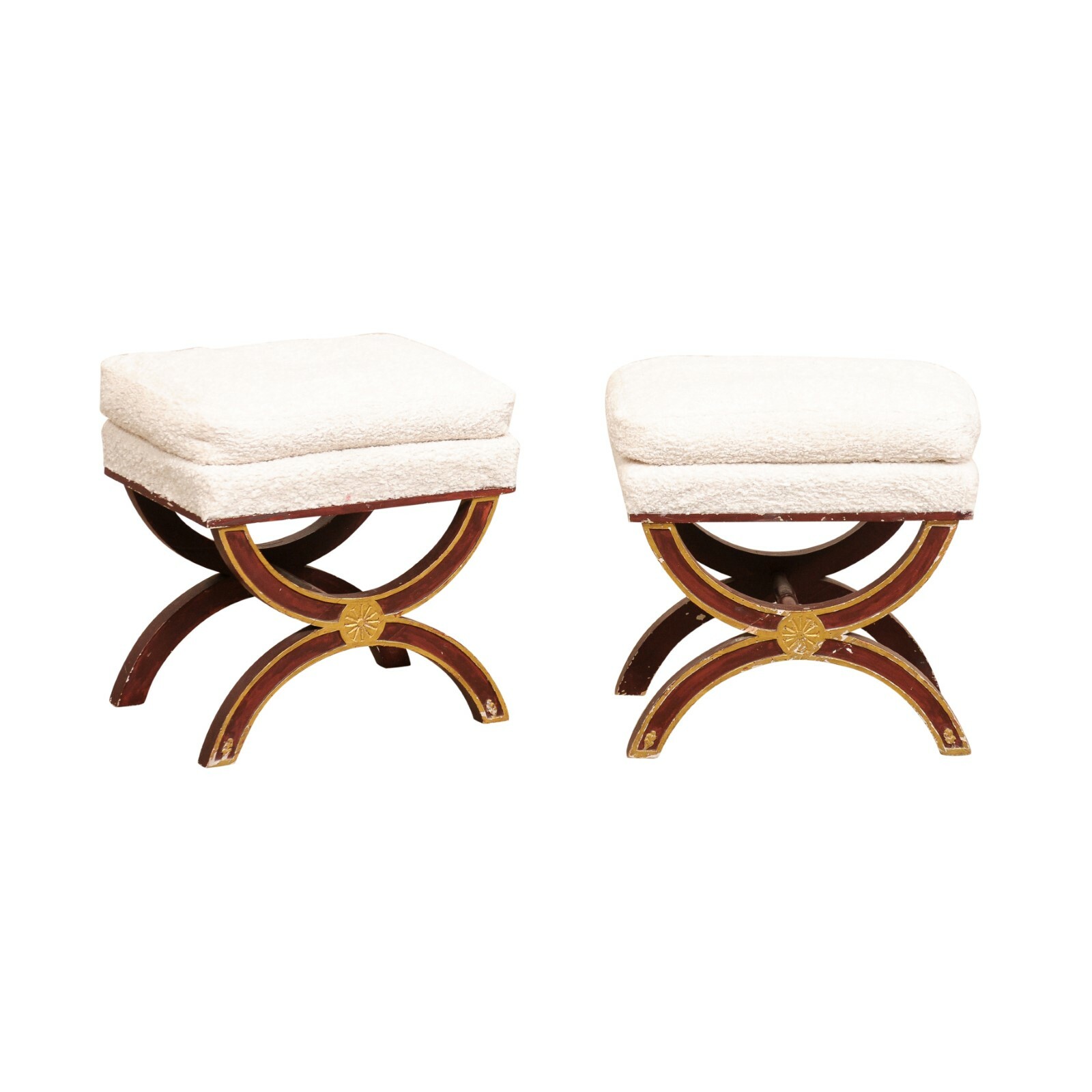 French Pair Curule Style Upholstered Stools