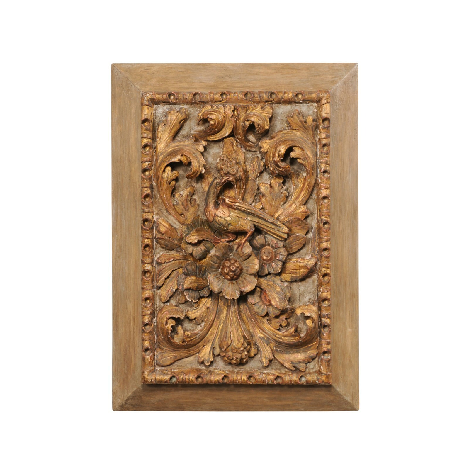 French Floral & Bird Carved Plaque, 19th C.