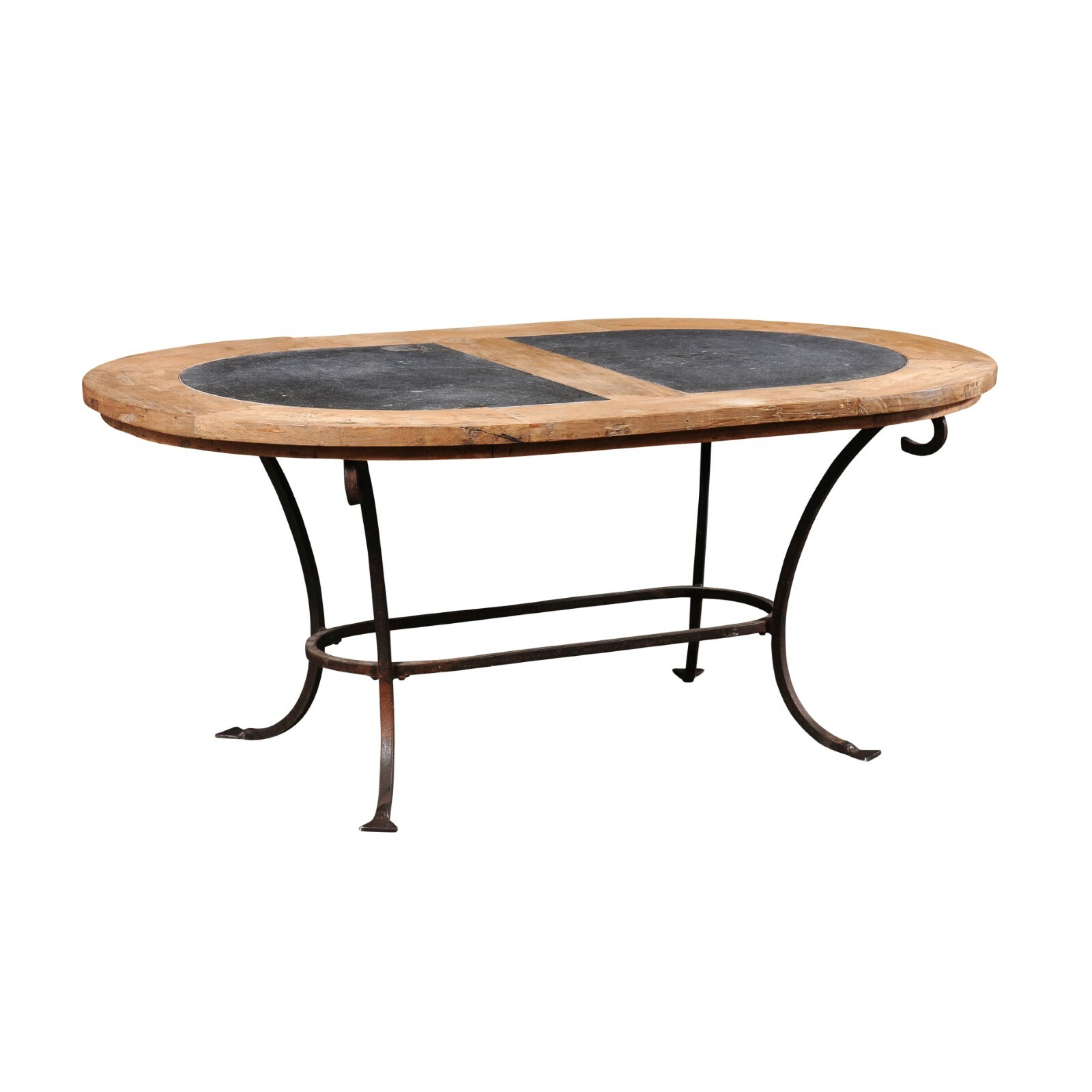 French Stone/Wood Dining Table on Iron Base