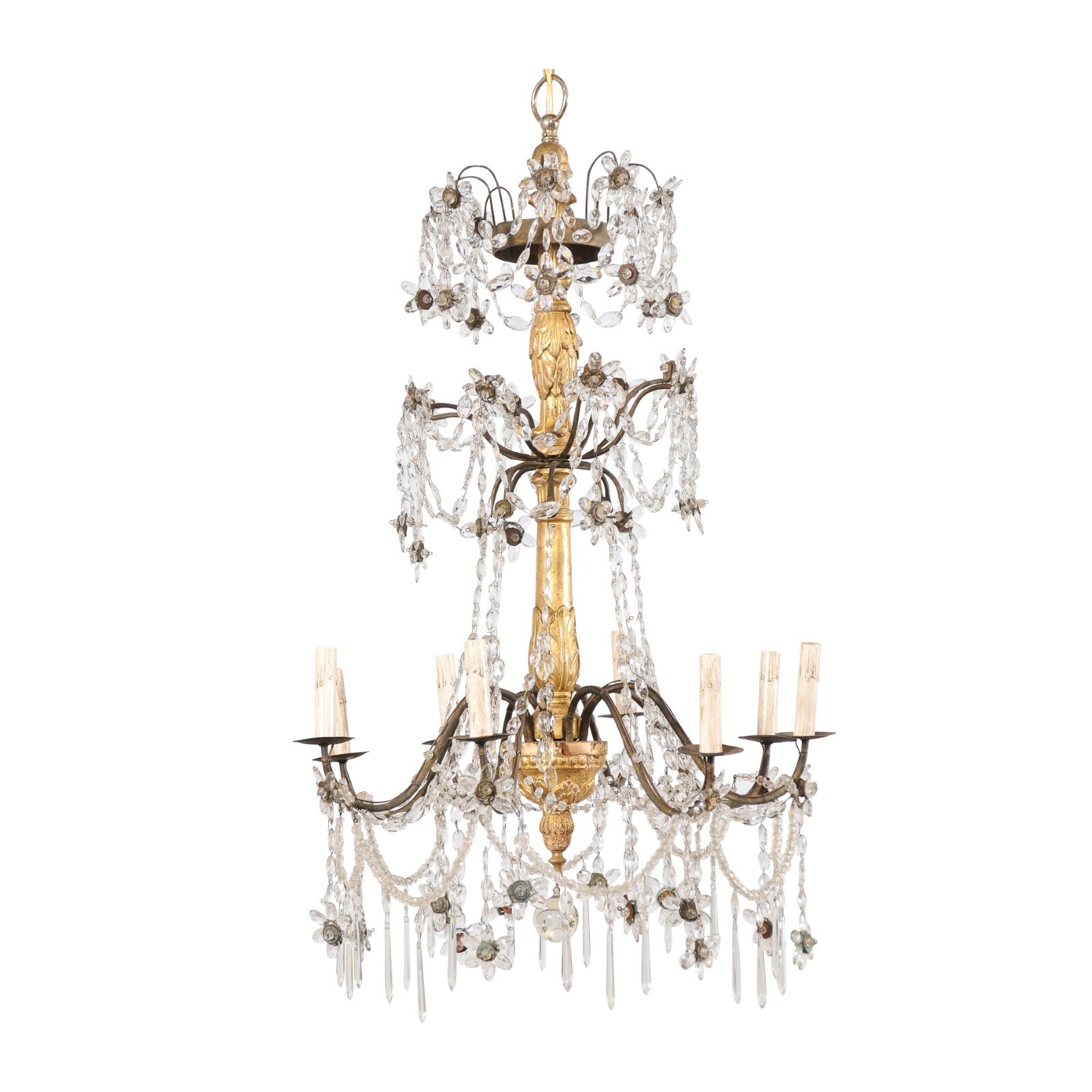 Italian Crystal & Gilt Column Chandelier