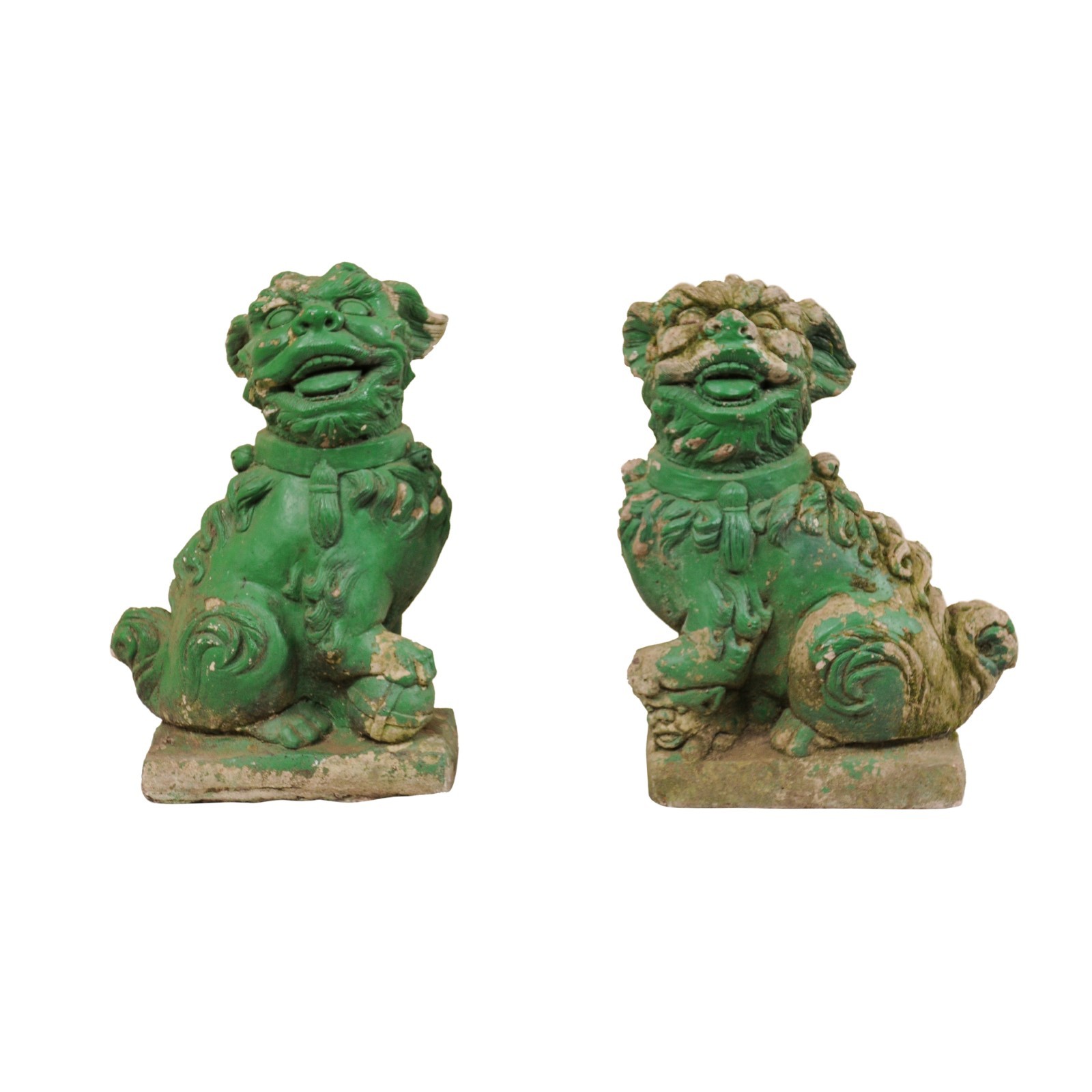 Pair Foo Dogs w/Original Green Paint, 20" H