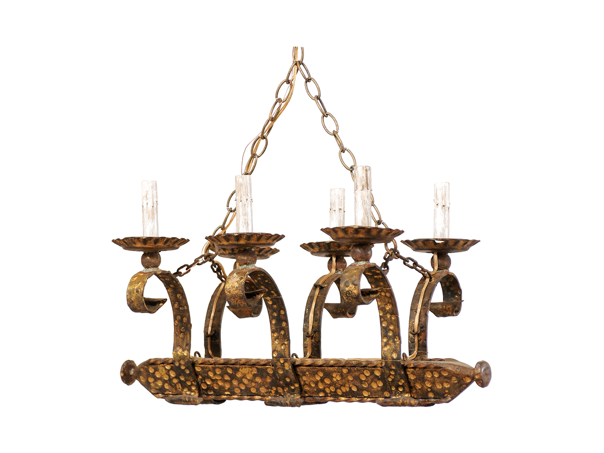 French Hammered Metal Chandelier, Gold Tone