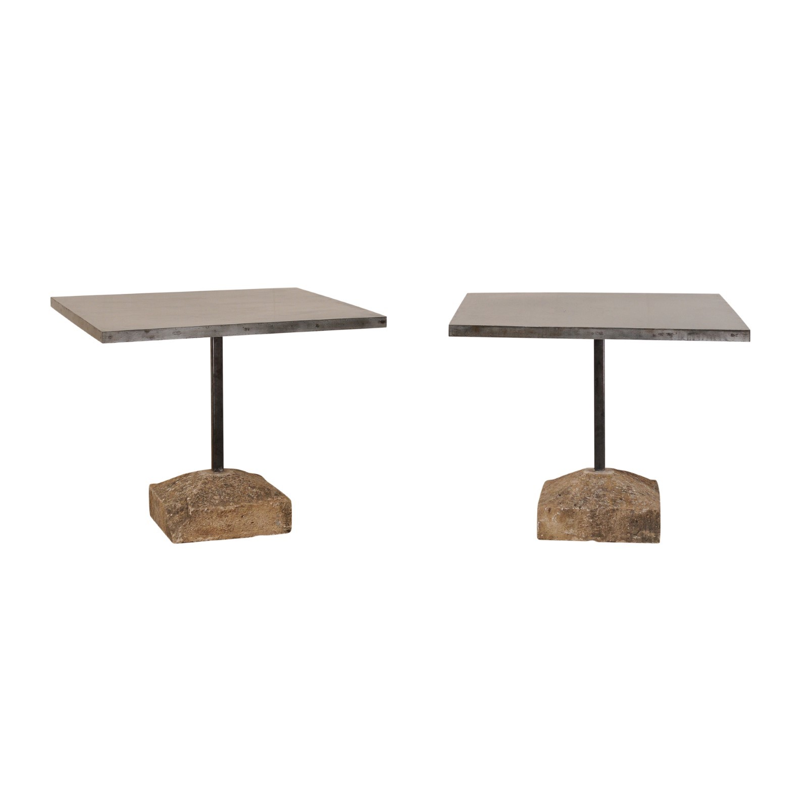 Pair 38" Iron Tables w/Stone Plinth Bases