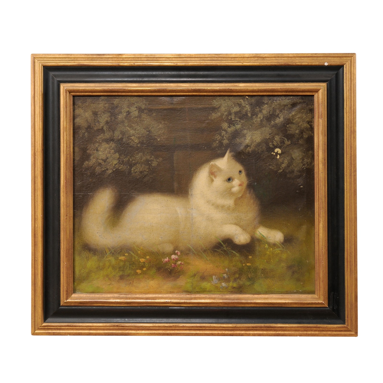 Framed Oil Painting of White Cat