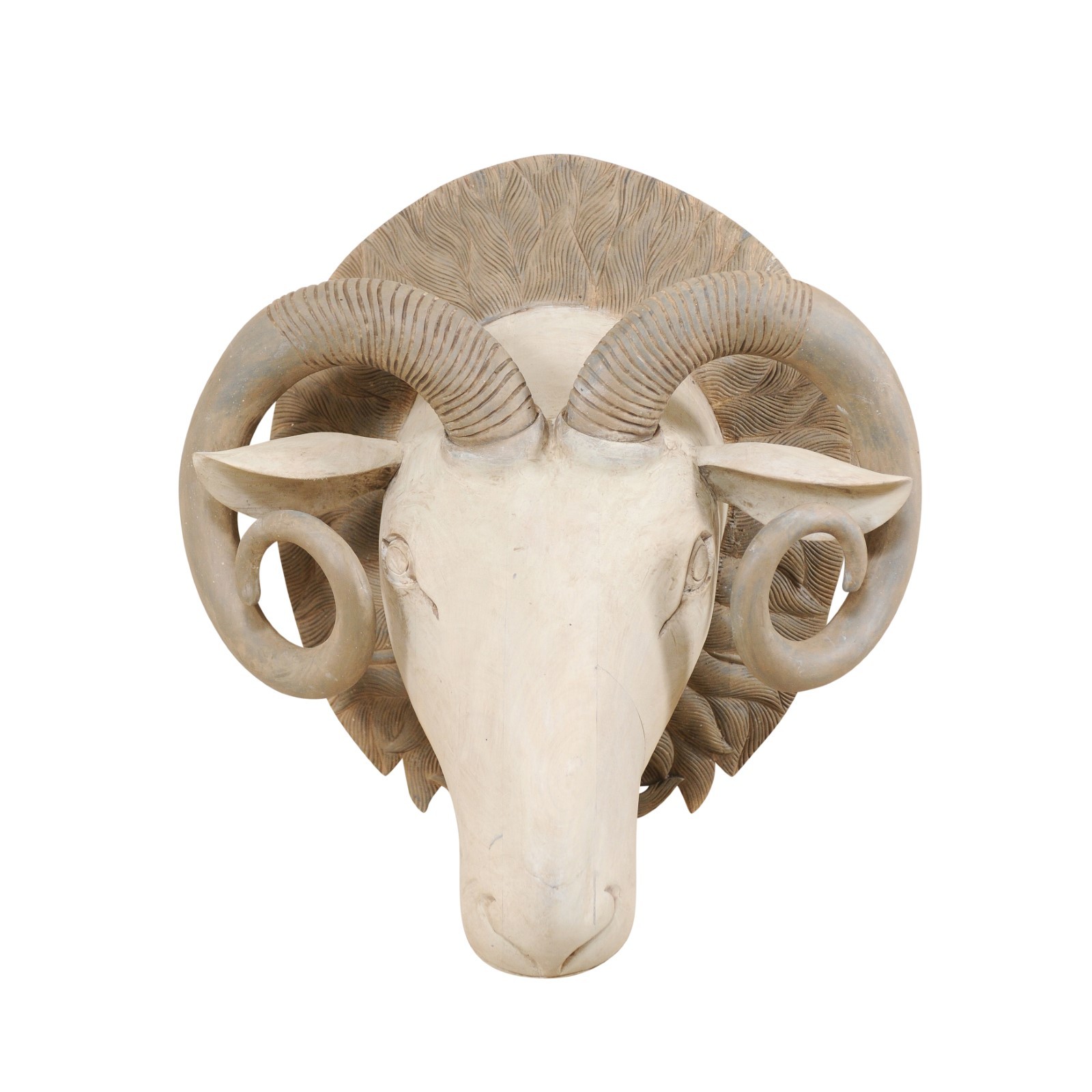 Hand-Carved Wooden Ram's Head Wall Ornament