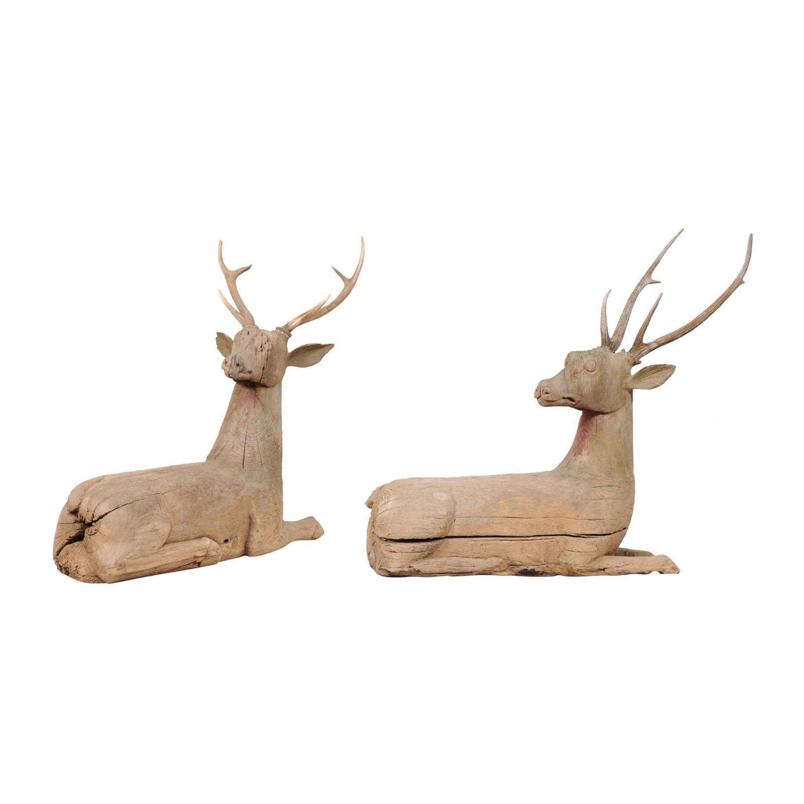 Nice Pair of Carved-Wood Deer, 19th C