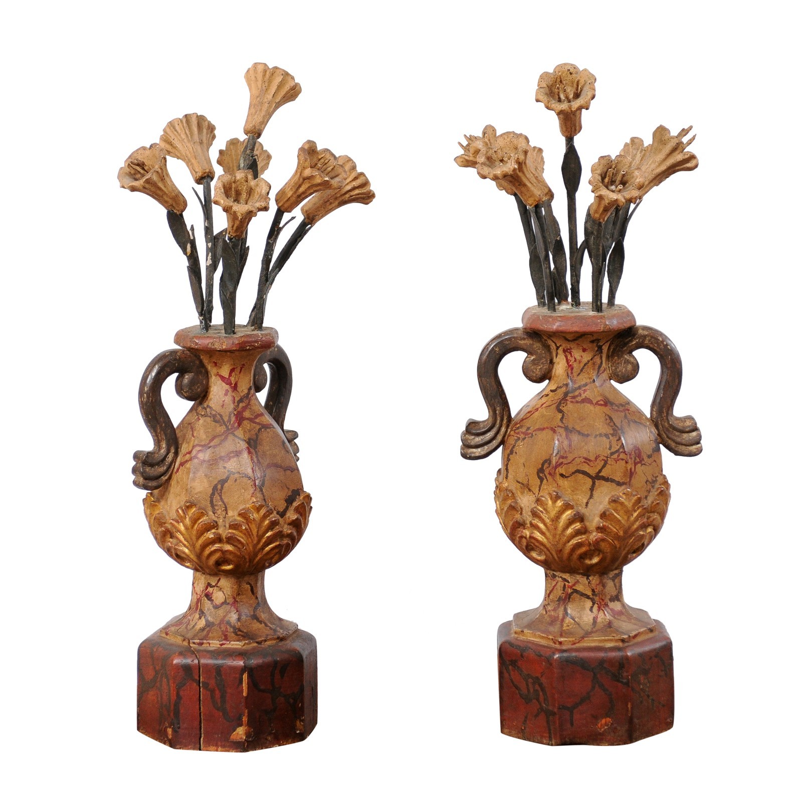 Italian Pair Antique Polychrome Floral Urns