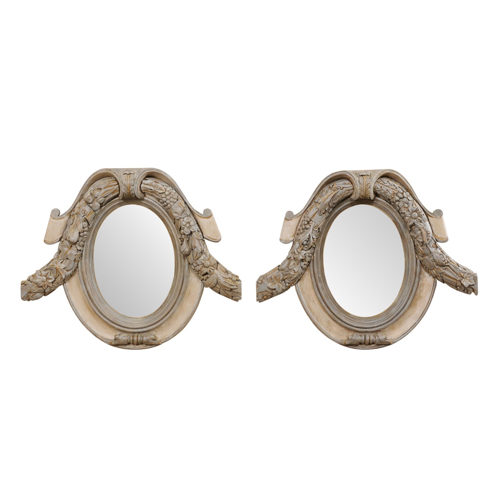 Pair Cartouche & Floral Carved Oval Mirrors