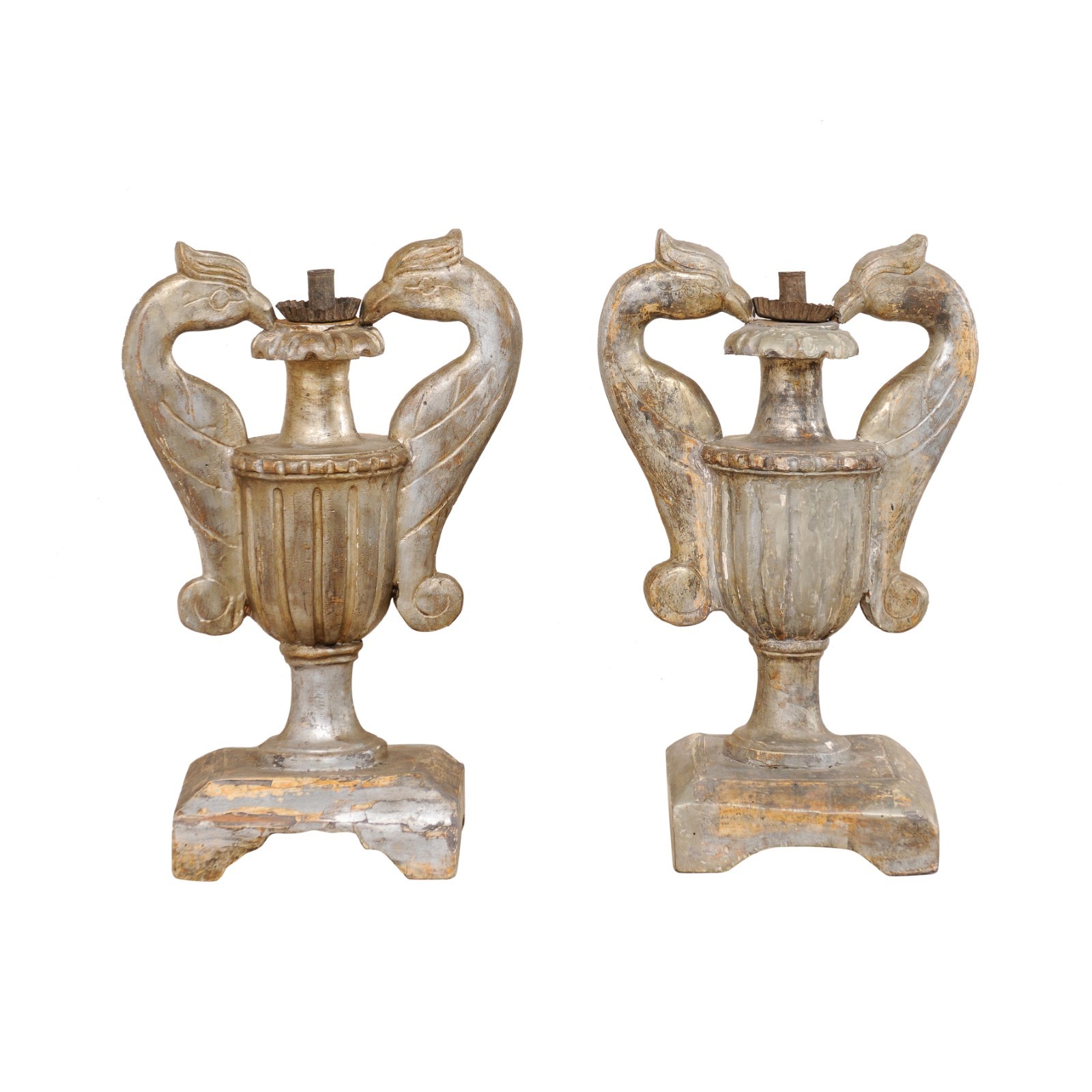 Pair 19th C. Carved Candlestick Urns, Italy