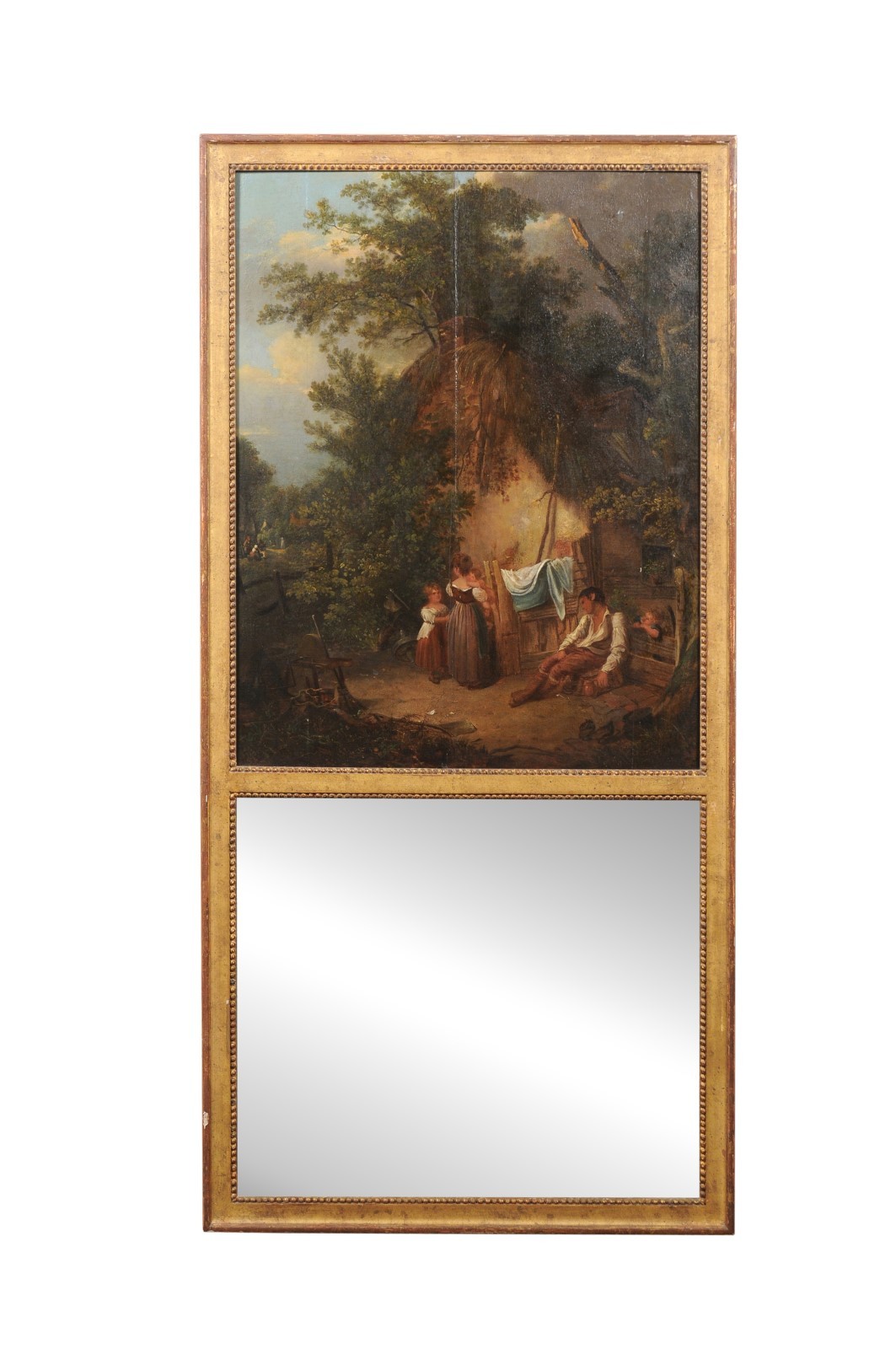 French Trumeau Oil Painting & Mirror w/Gilt