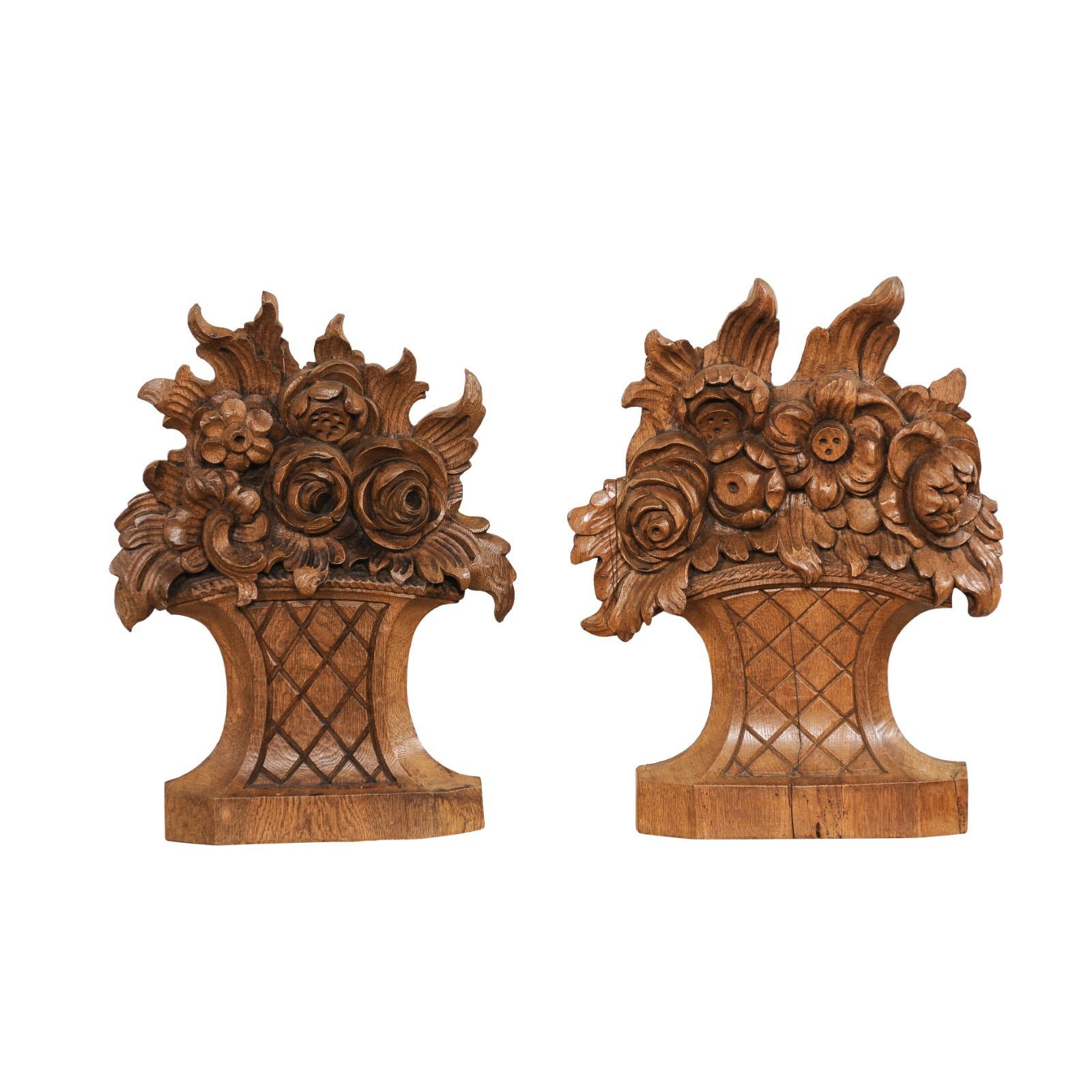 Pair Carved-Wood Tabletop Floral Bouquets