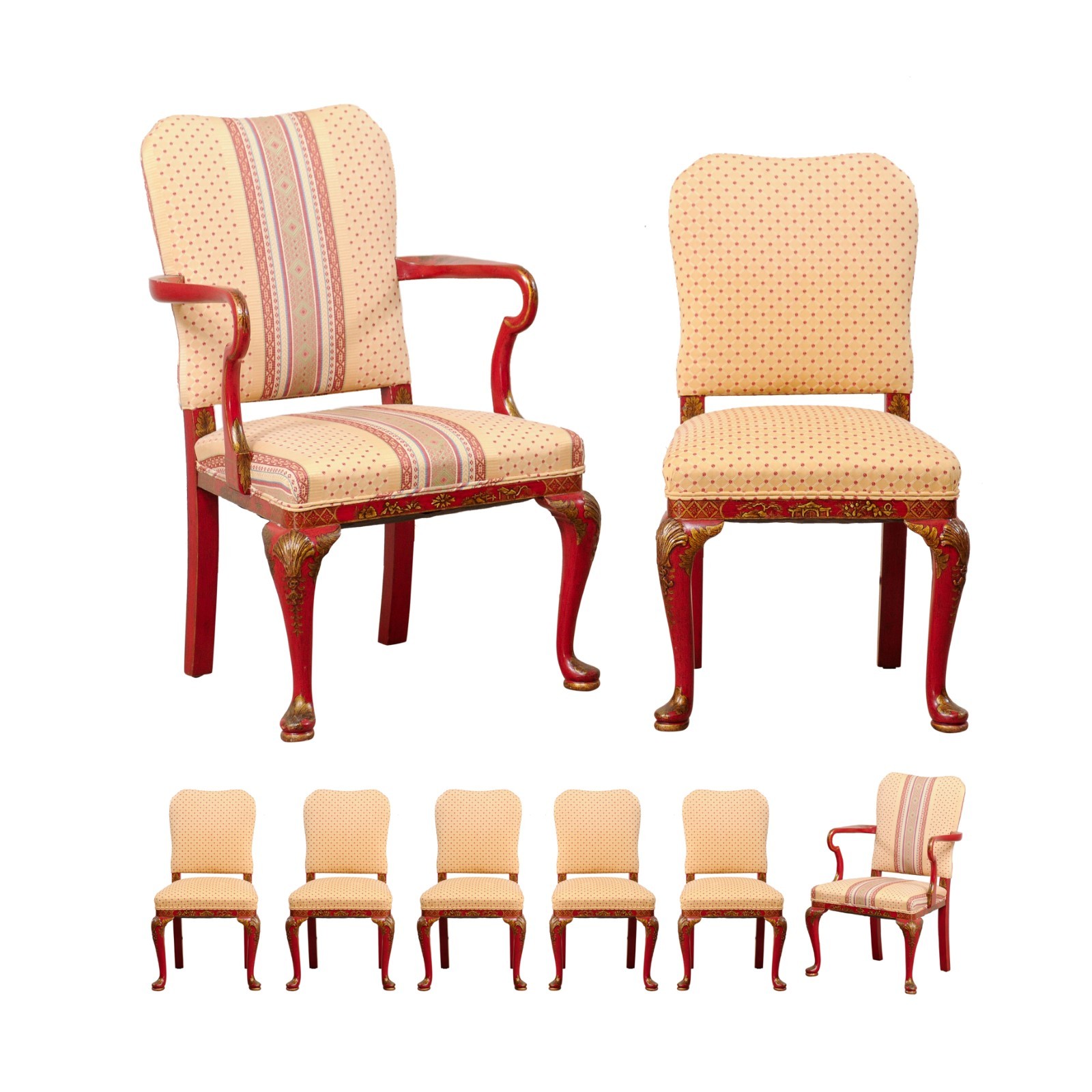 8 Dining Chairs w/ Red & Gold Chinoiserie 