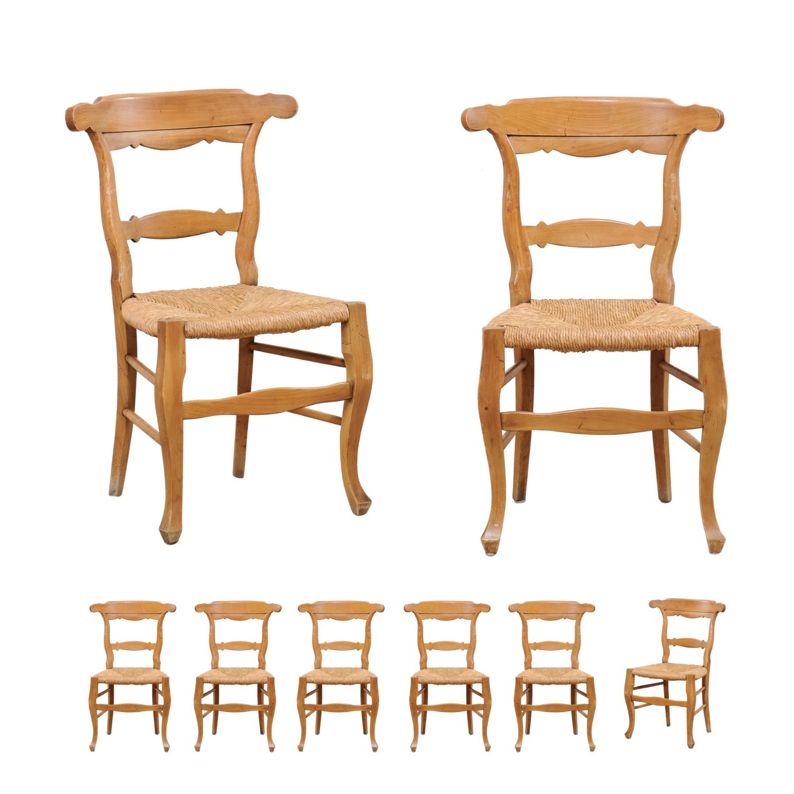 Set of 8 French Rush-Seat Wood Side Chairs