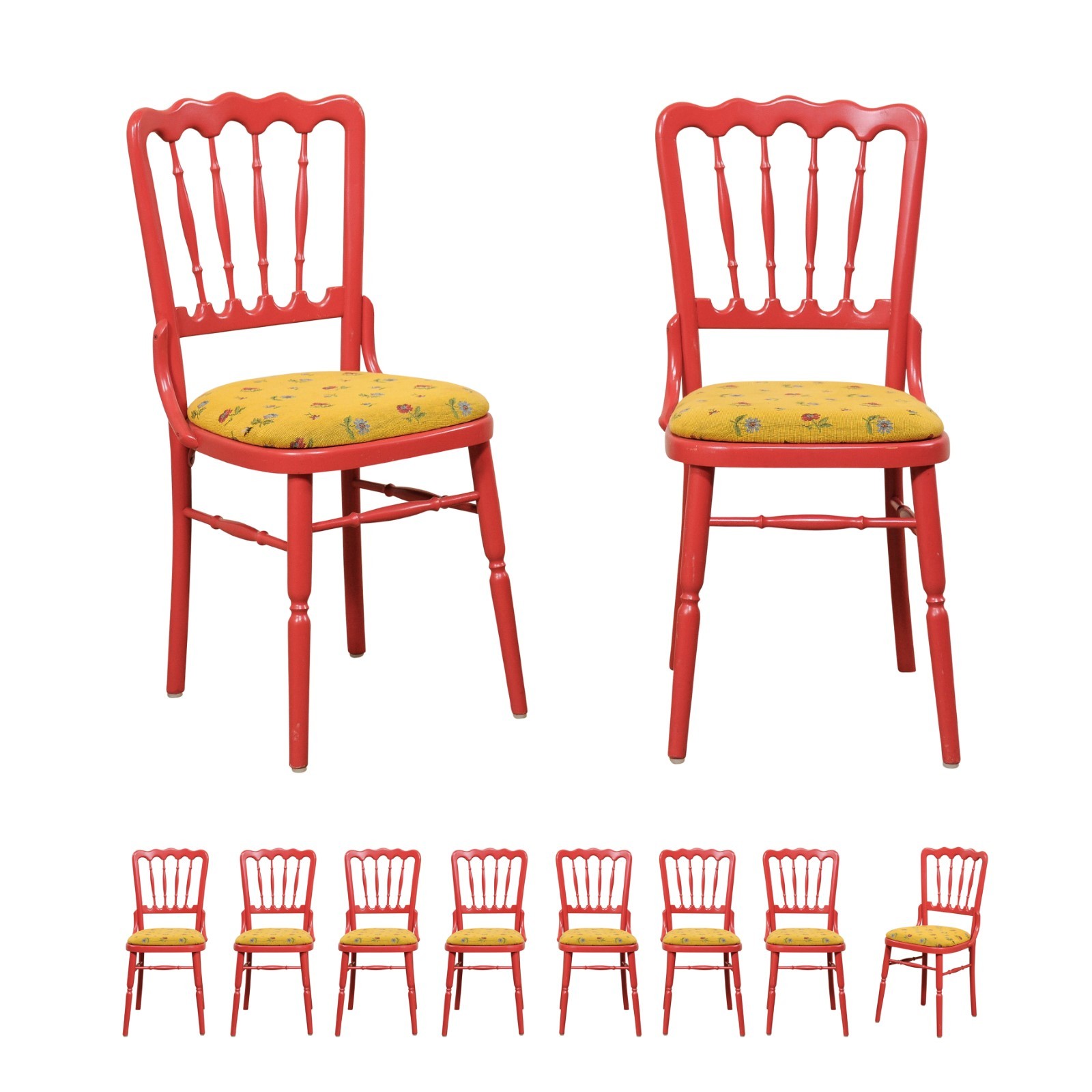 Set of 10 Cute Red Spindle Back Side Chairs