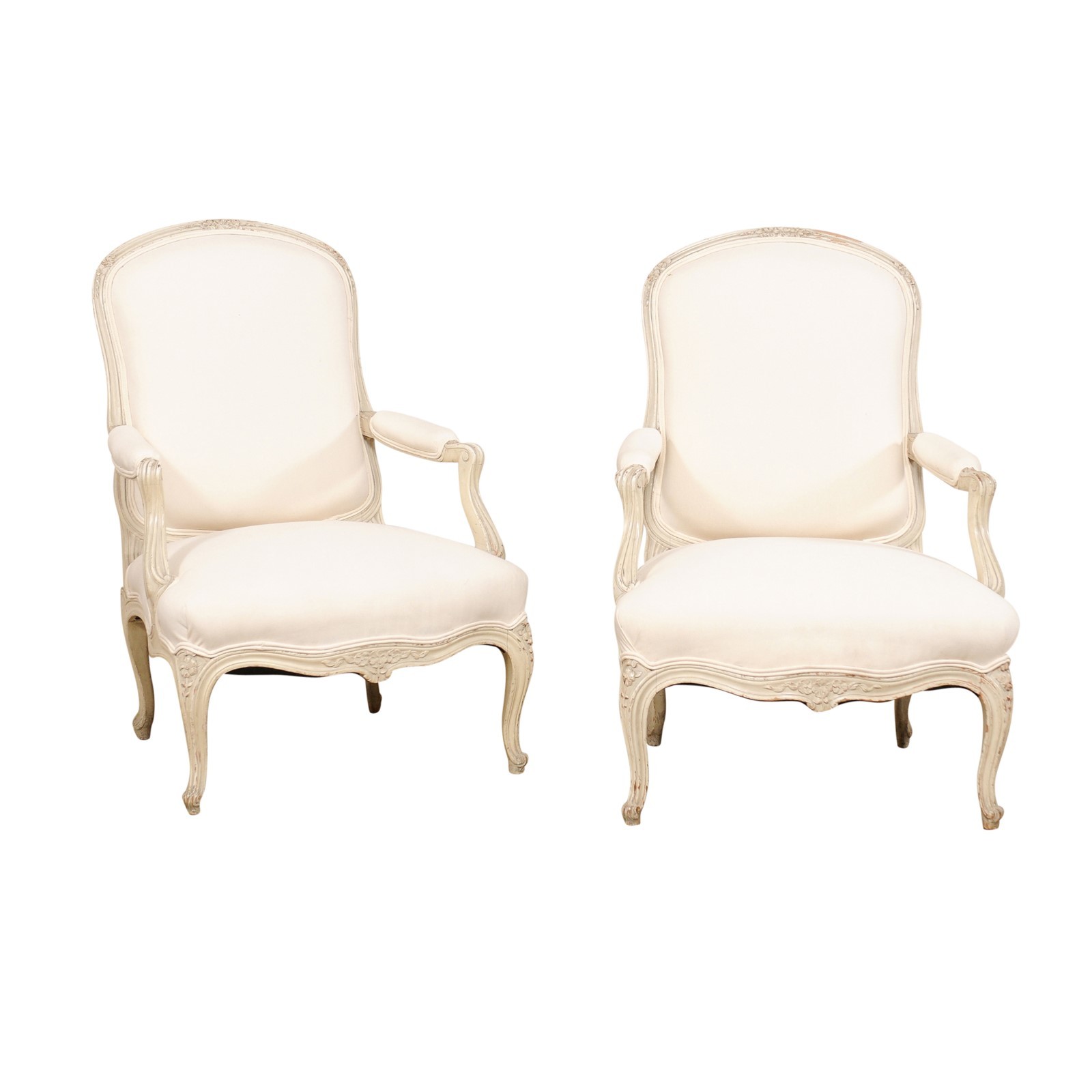 French Antique Pair Upholstered Fauteuils 