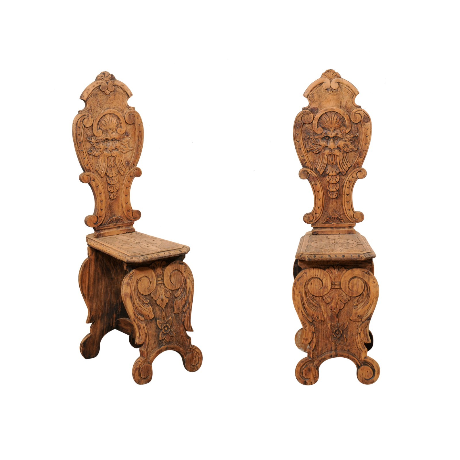 Pair Italian Sgabelli Wooden Hall Chairs