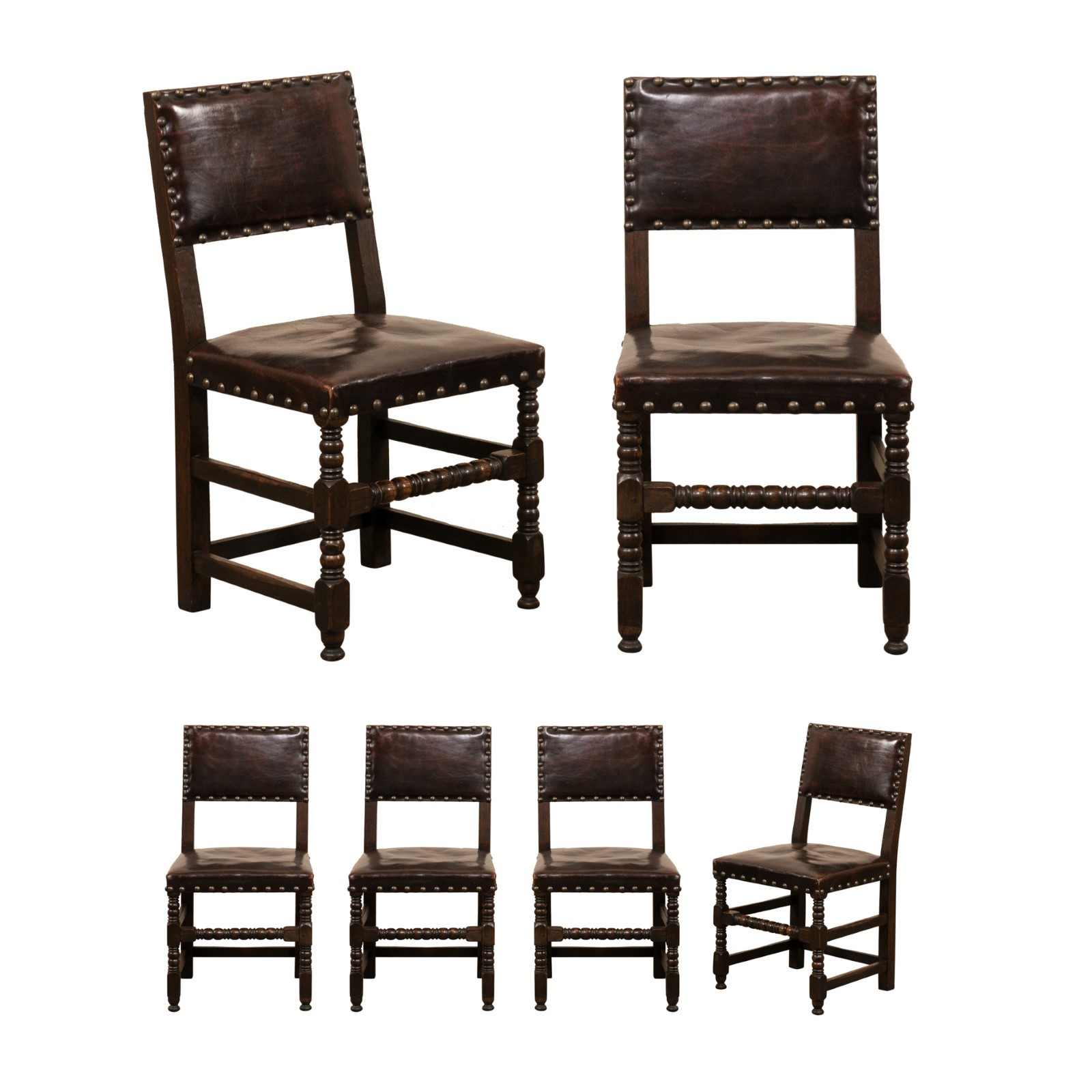 French Set of 6 Leather & Wood Side Chairs
