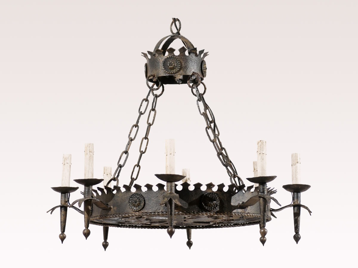 French Eight-Light Iron Ring Chandelier