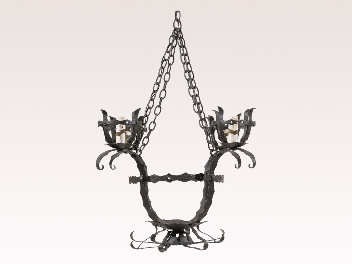 Italian Hammered-Iron Basket Chandelier