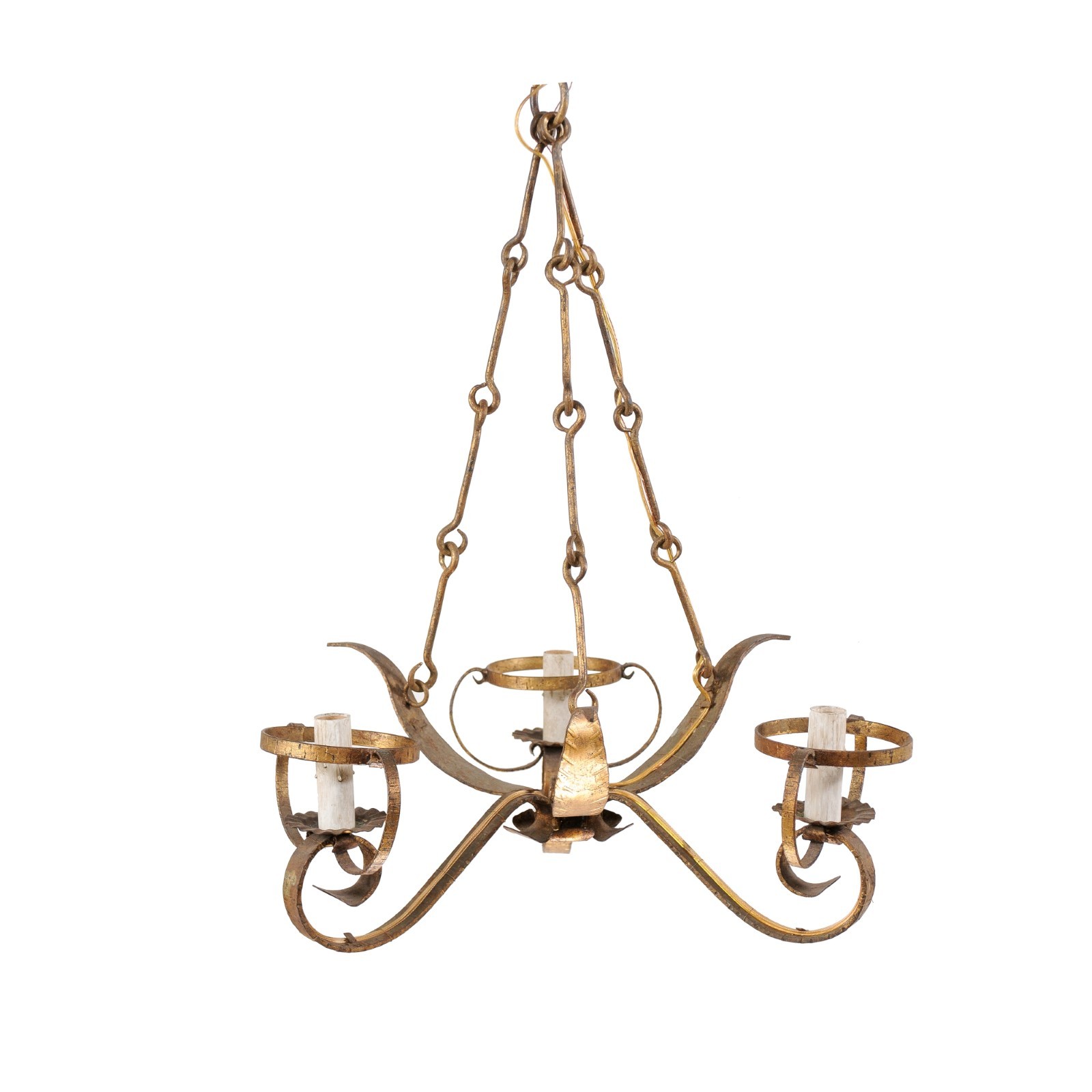 French 3-Light Iron Leaf Chandelier in Gold