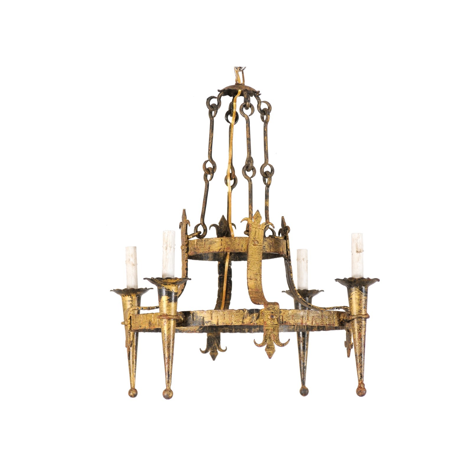 French Two-Tiered Ring Gold Iron Chandelier