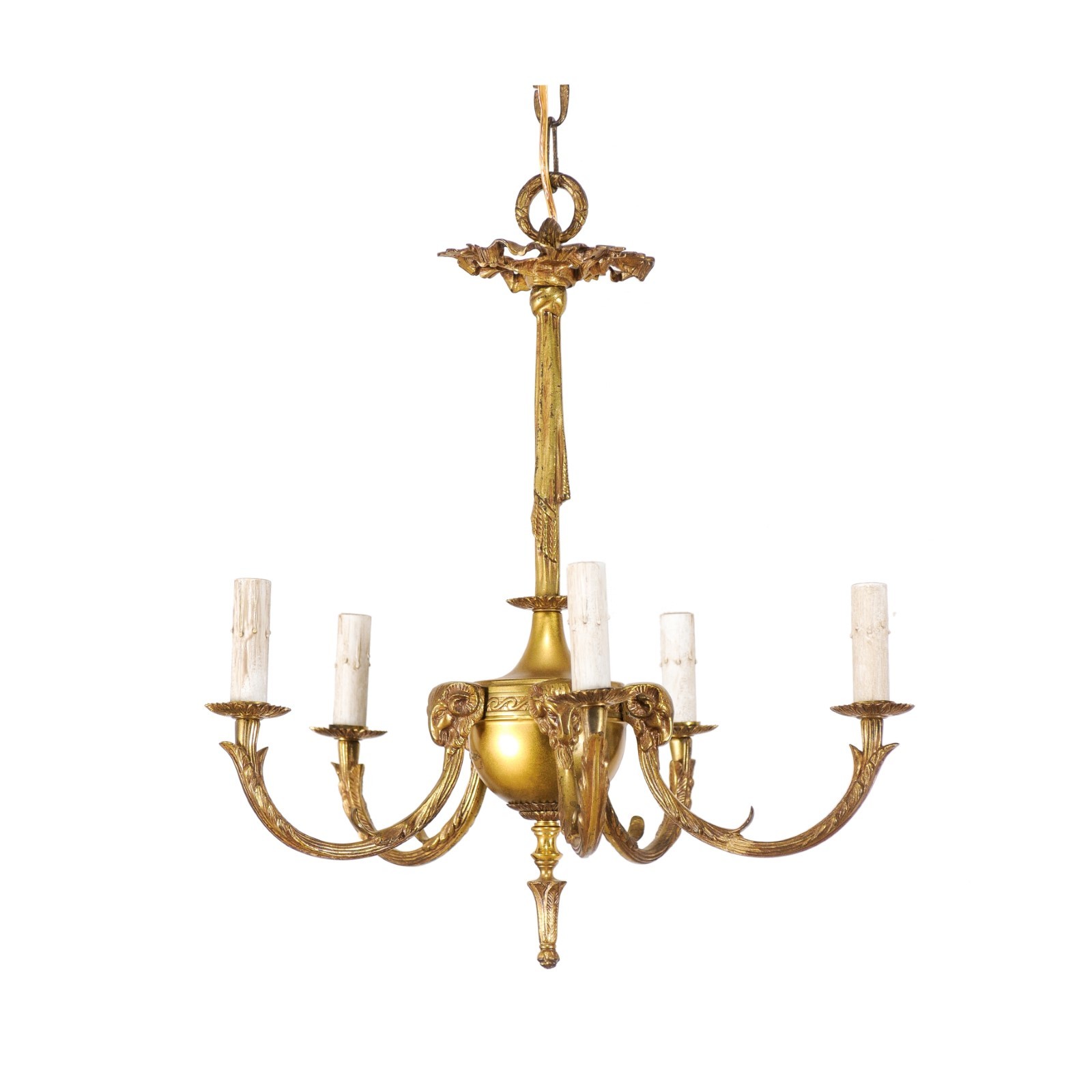 French Brass Chandelier w/Rams Head Accents