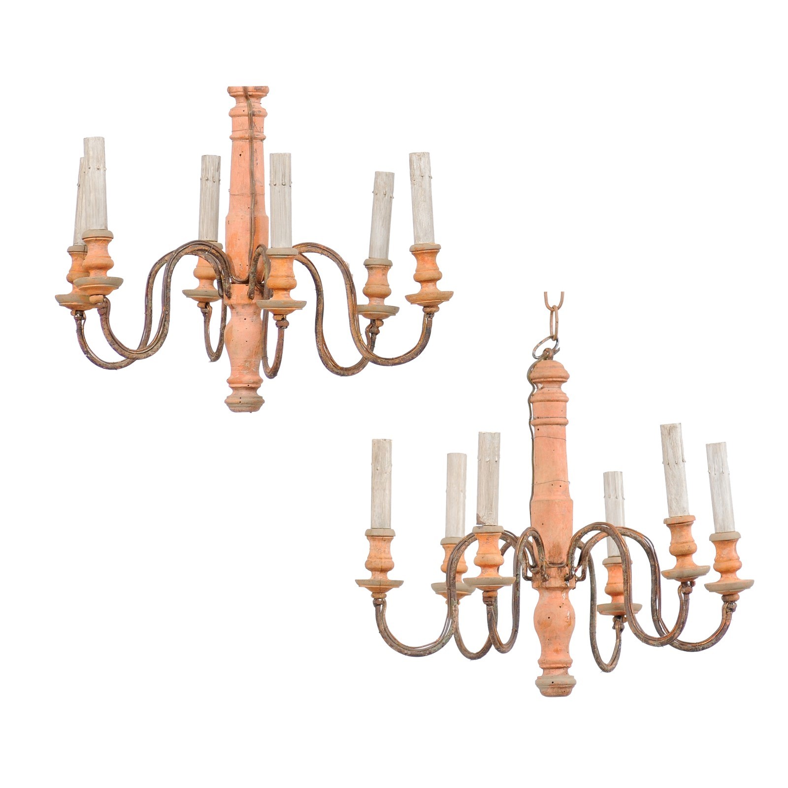 Pair French Wood Column & Iron Chandeliers