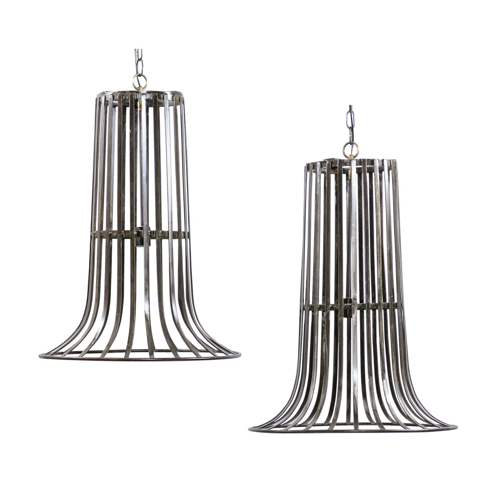 Pair French Tall Iron-Basket Hanging Lights