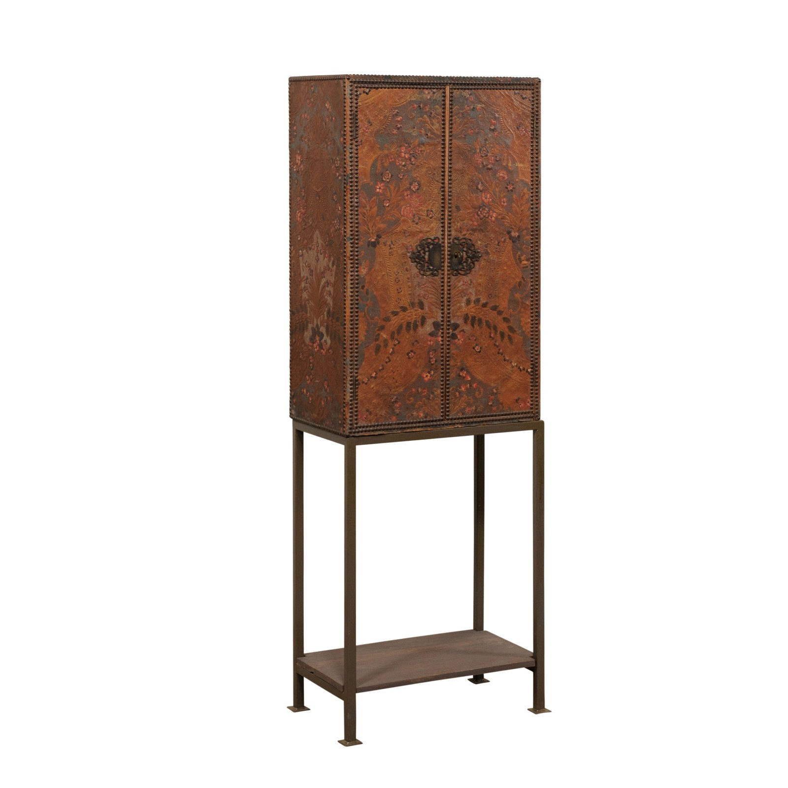 Spanish Embossed Leather Cabinet on Stand