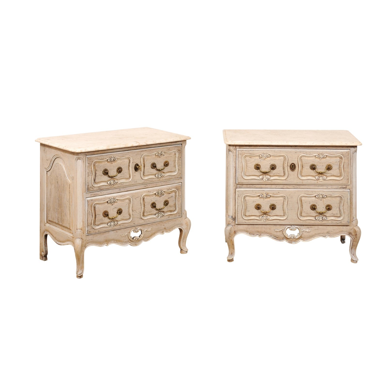 French Marble-Top Commodes w/Pierced Skirt