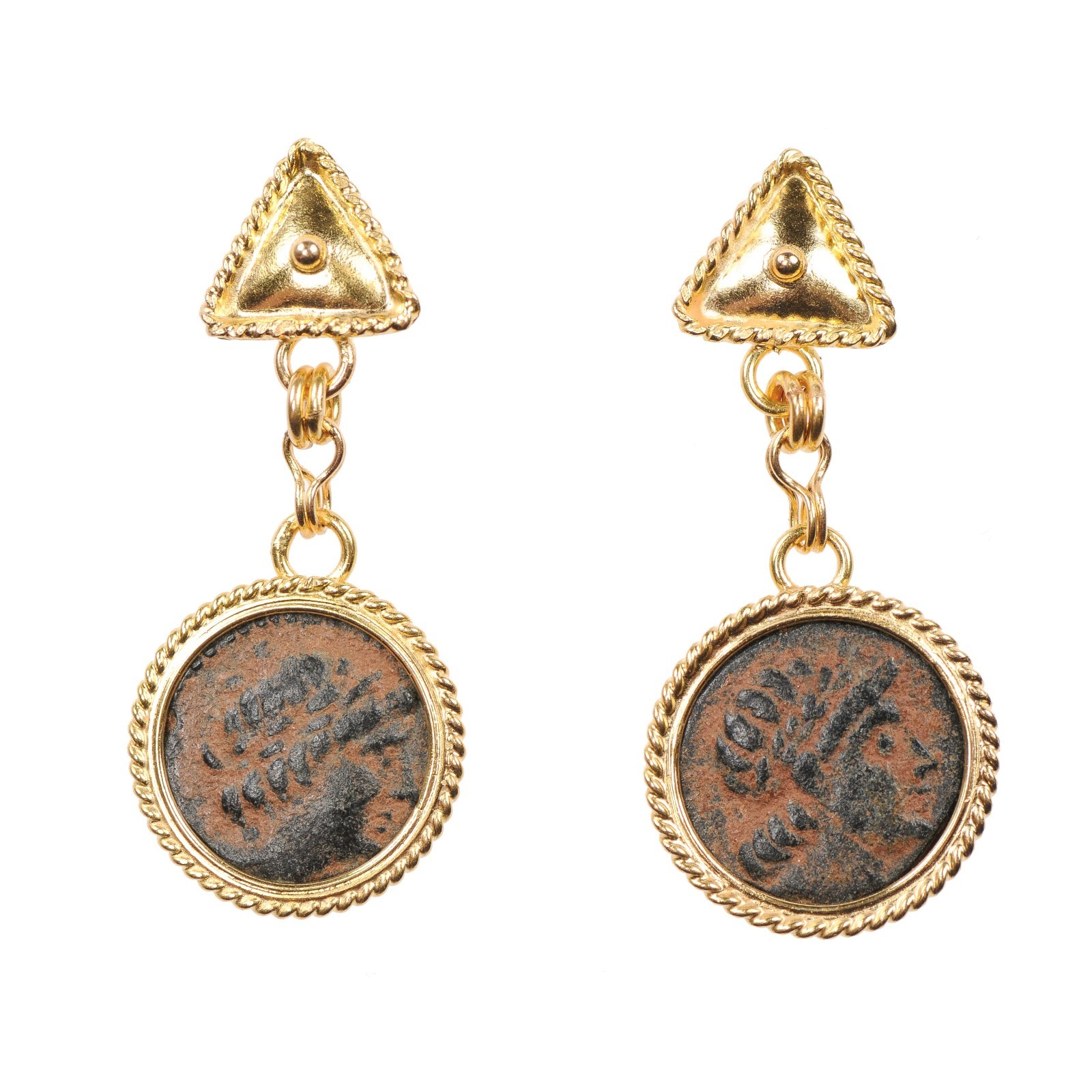 Ancient Roman Bronze Coin & 21 kt Earrings