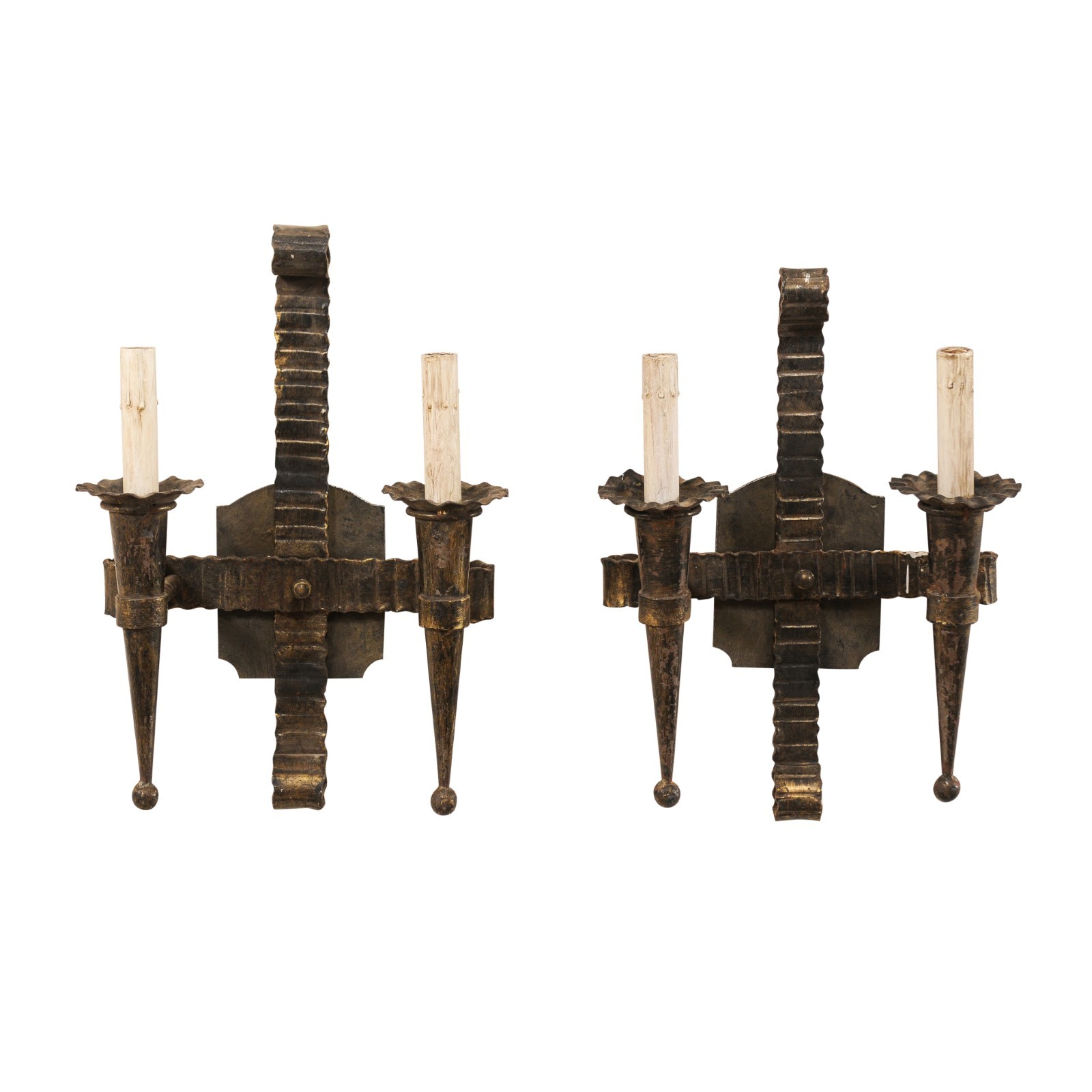 Pair French 2-Light Torch Sconces