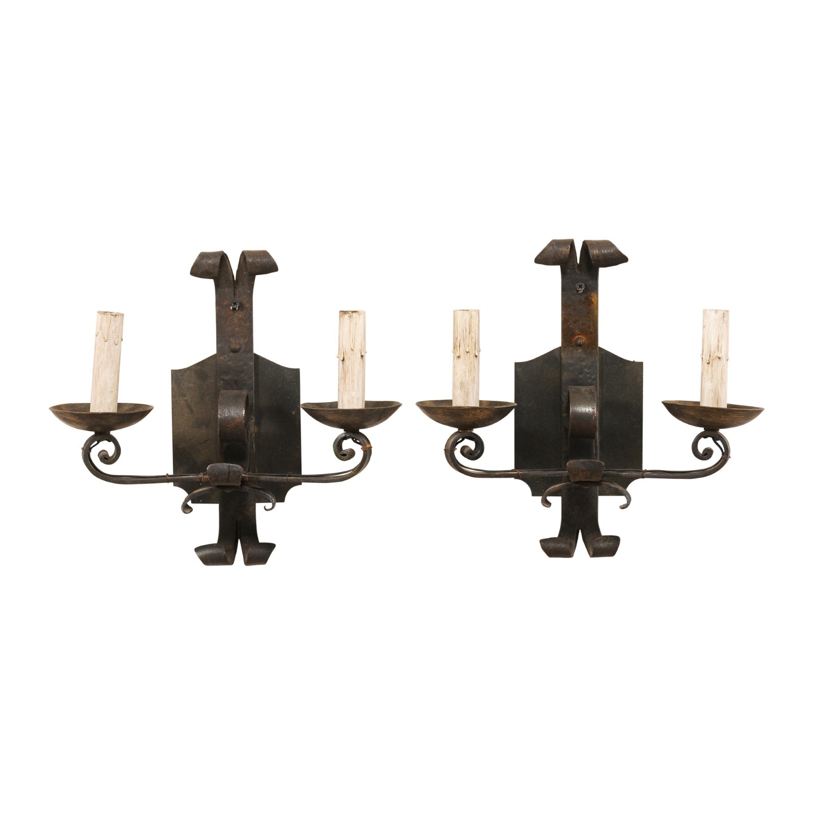 Pair Two-Light Forged-Iron Sconces