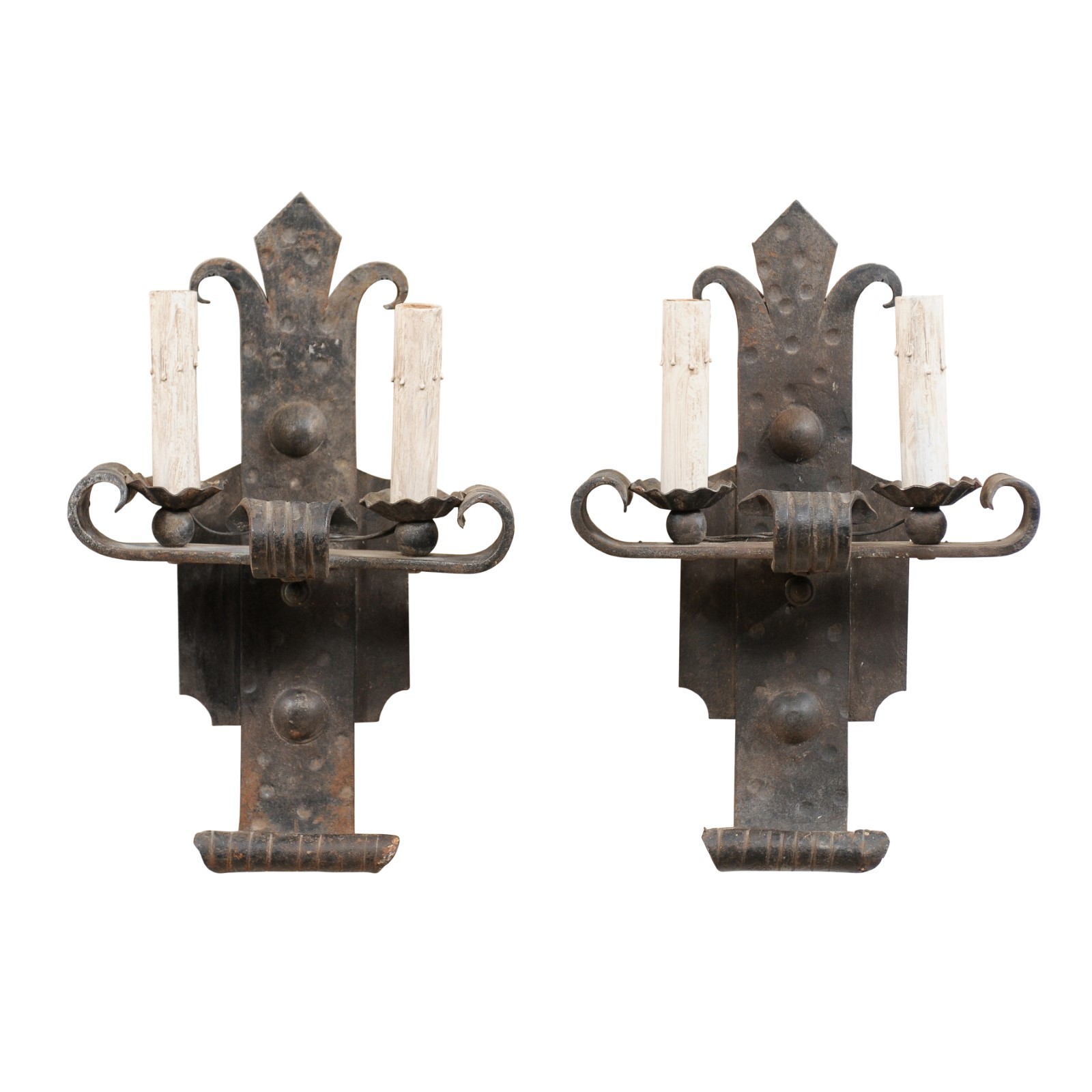 Pair French 2-Light Fleur-de-lys Sconces