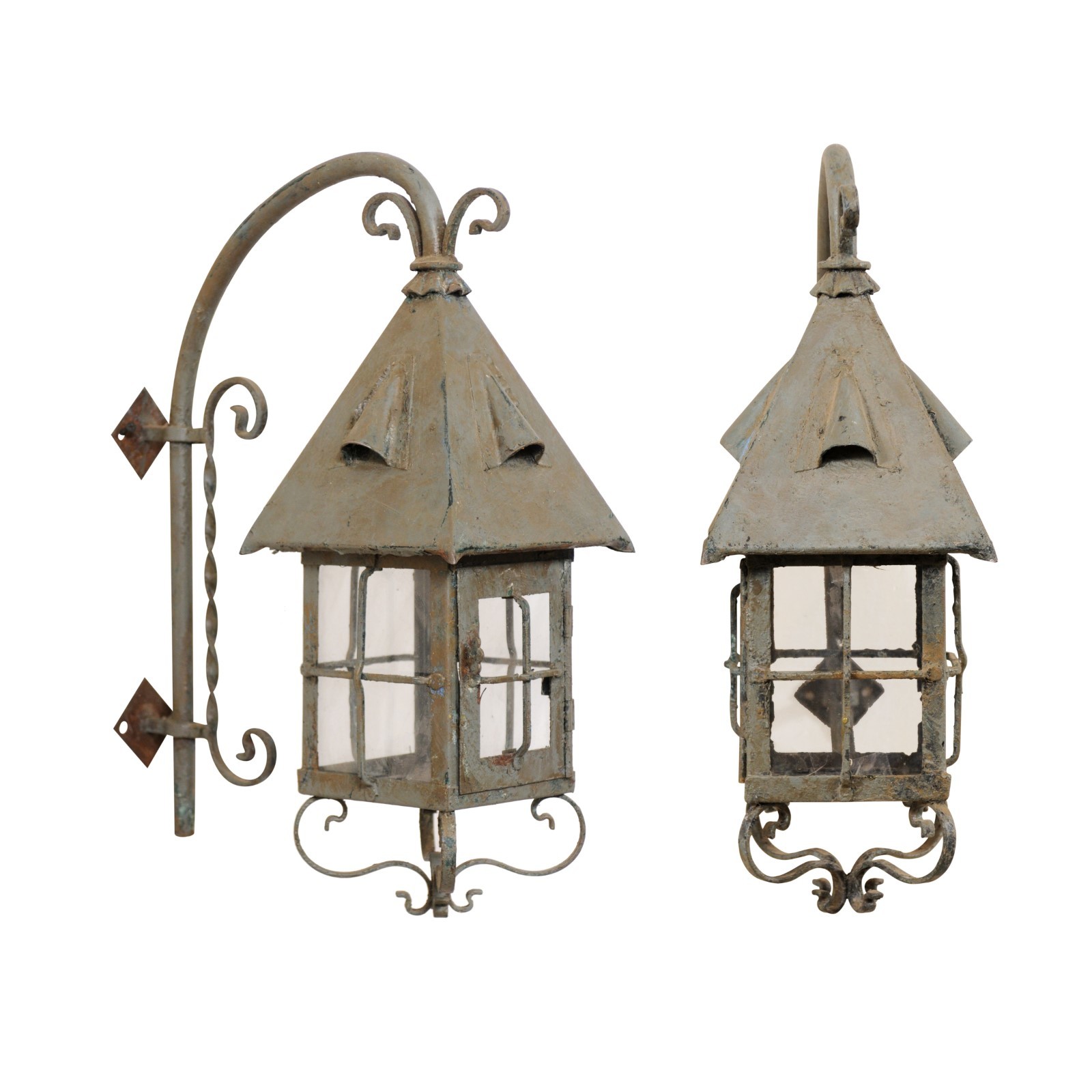 Pair French Lantern Sconces, Grey/Blue