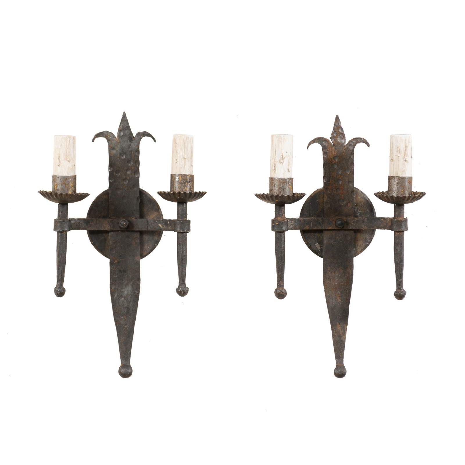 Pair French Two Torch Light Iron Sconces