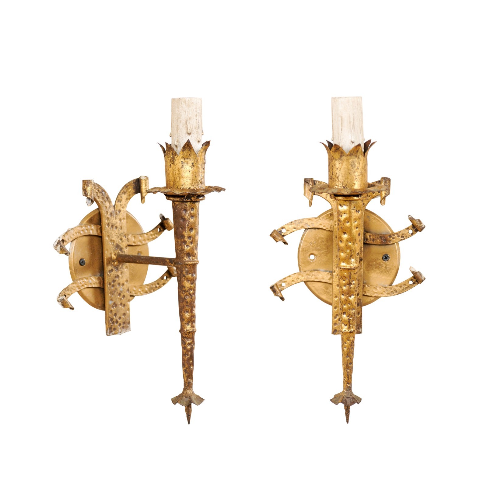 French Torch-Style Hammered Iron Sconces
