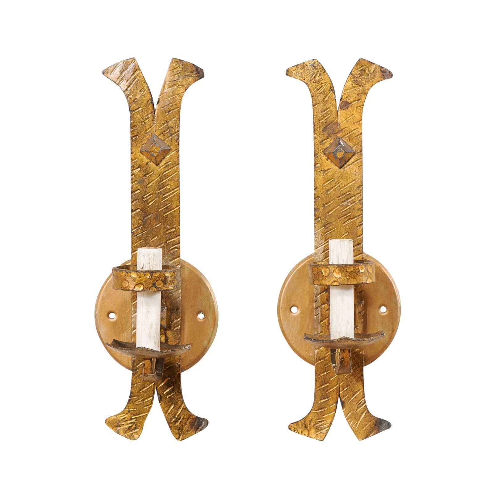 French Pair Single Light Gold Iron Sconces