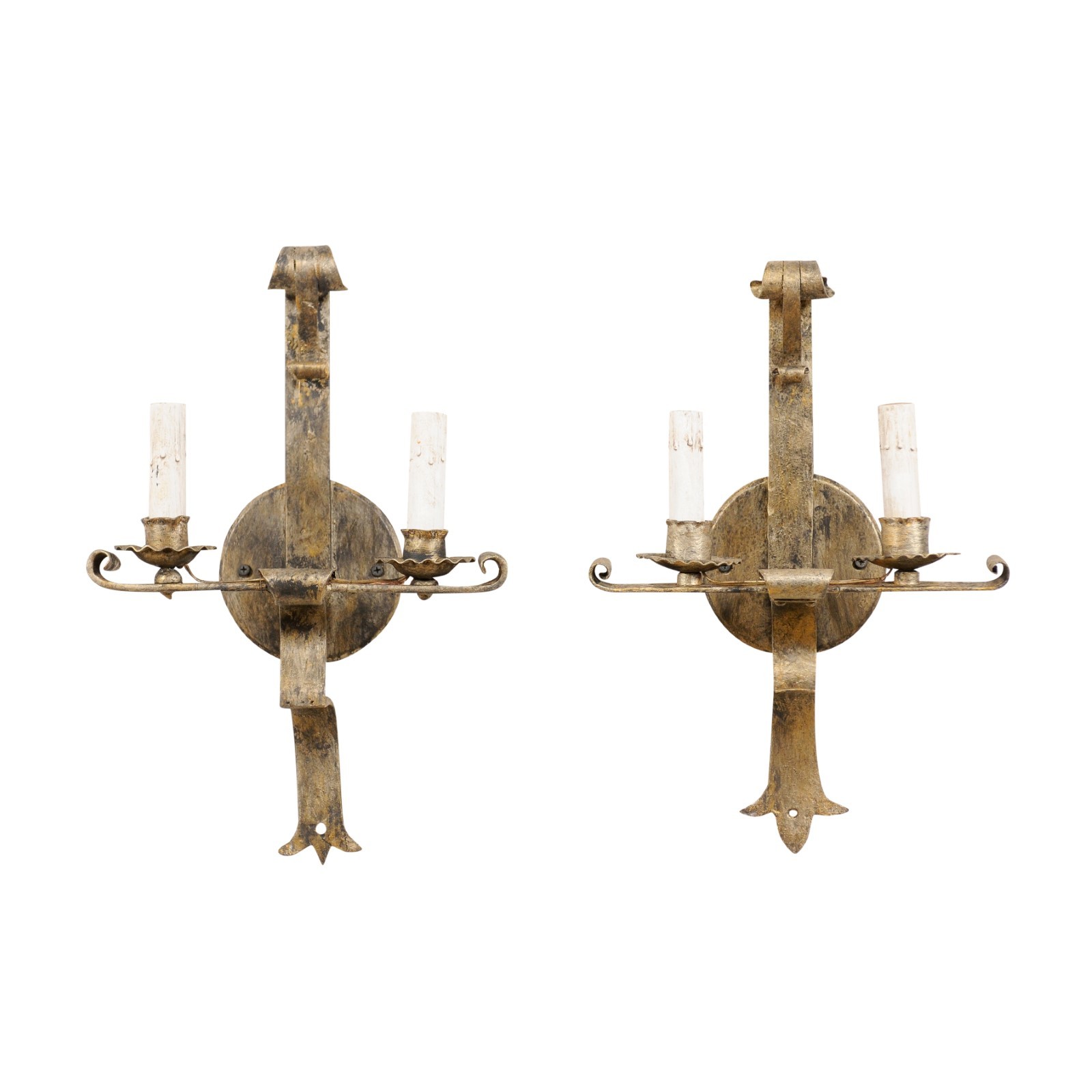 Pair French 2-Light Gold-Tone Iron Sconces