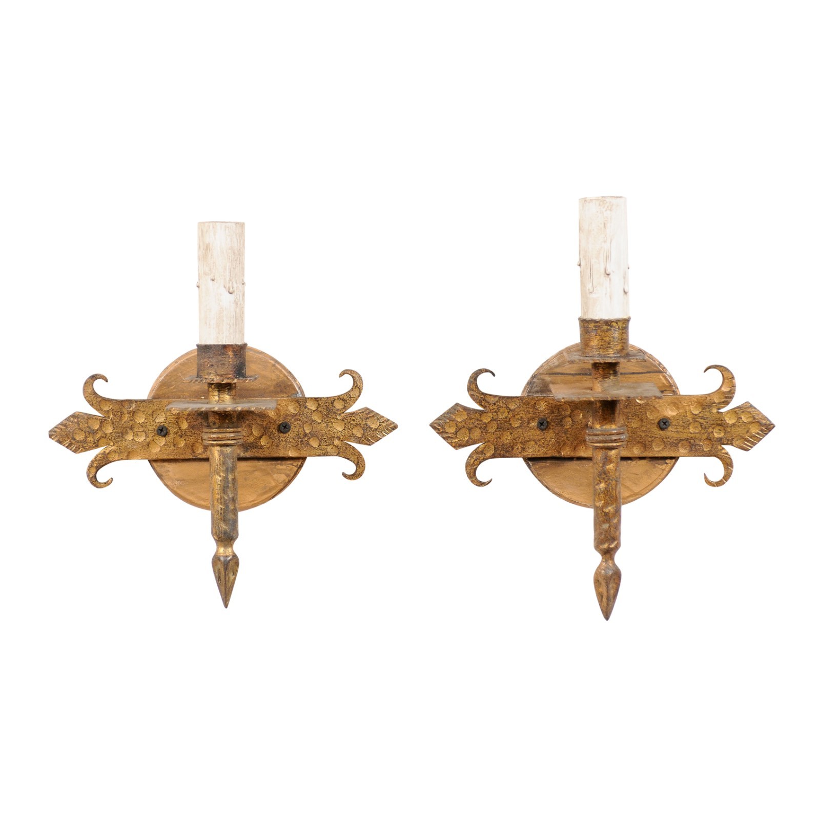 Pair of Torch Style Iron Sconces in Gold