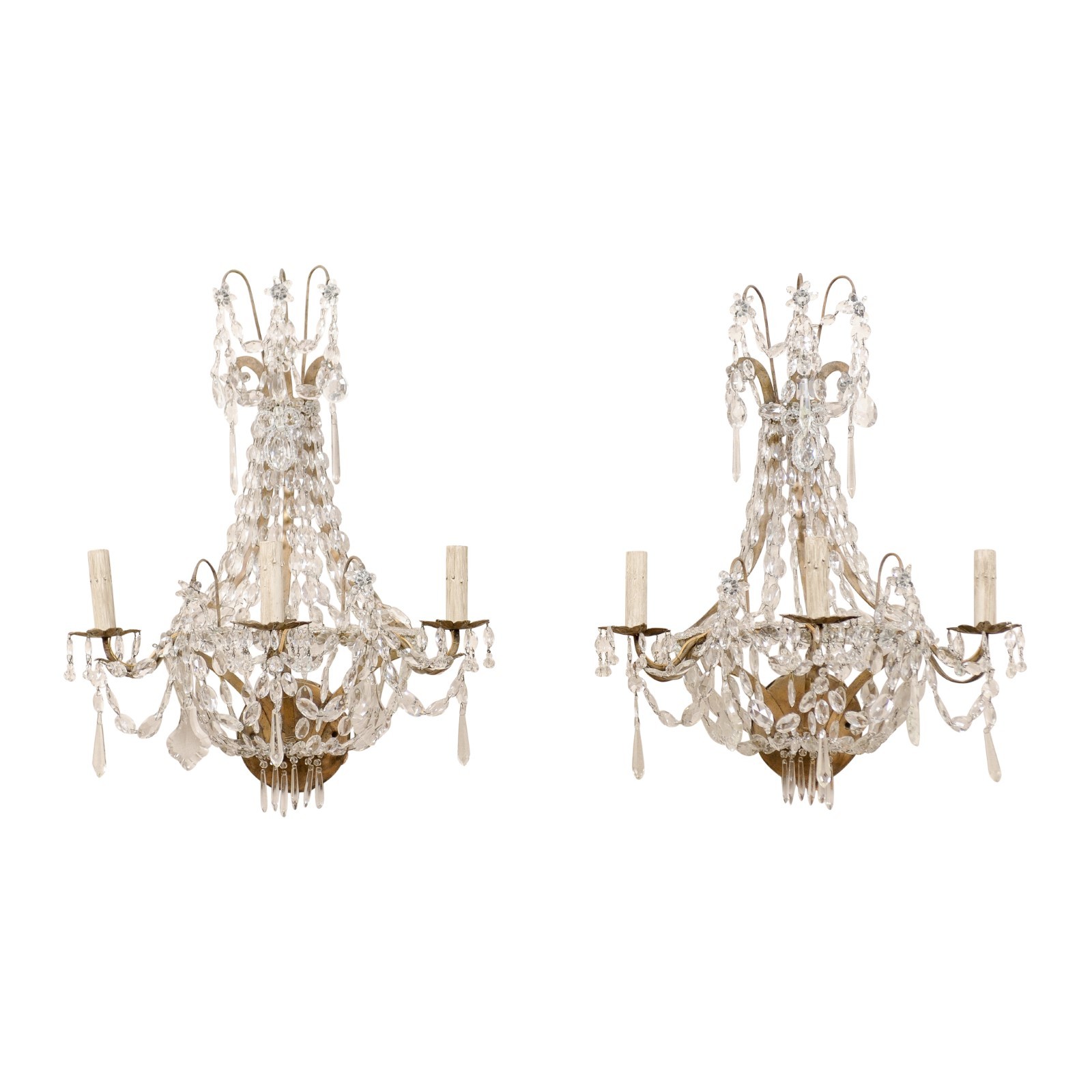 Pair French Three-Light Crystal Sconces